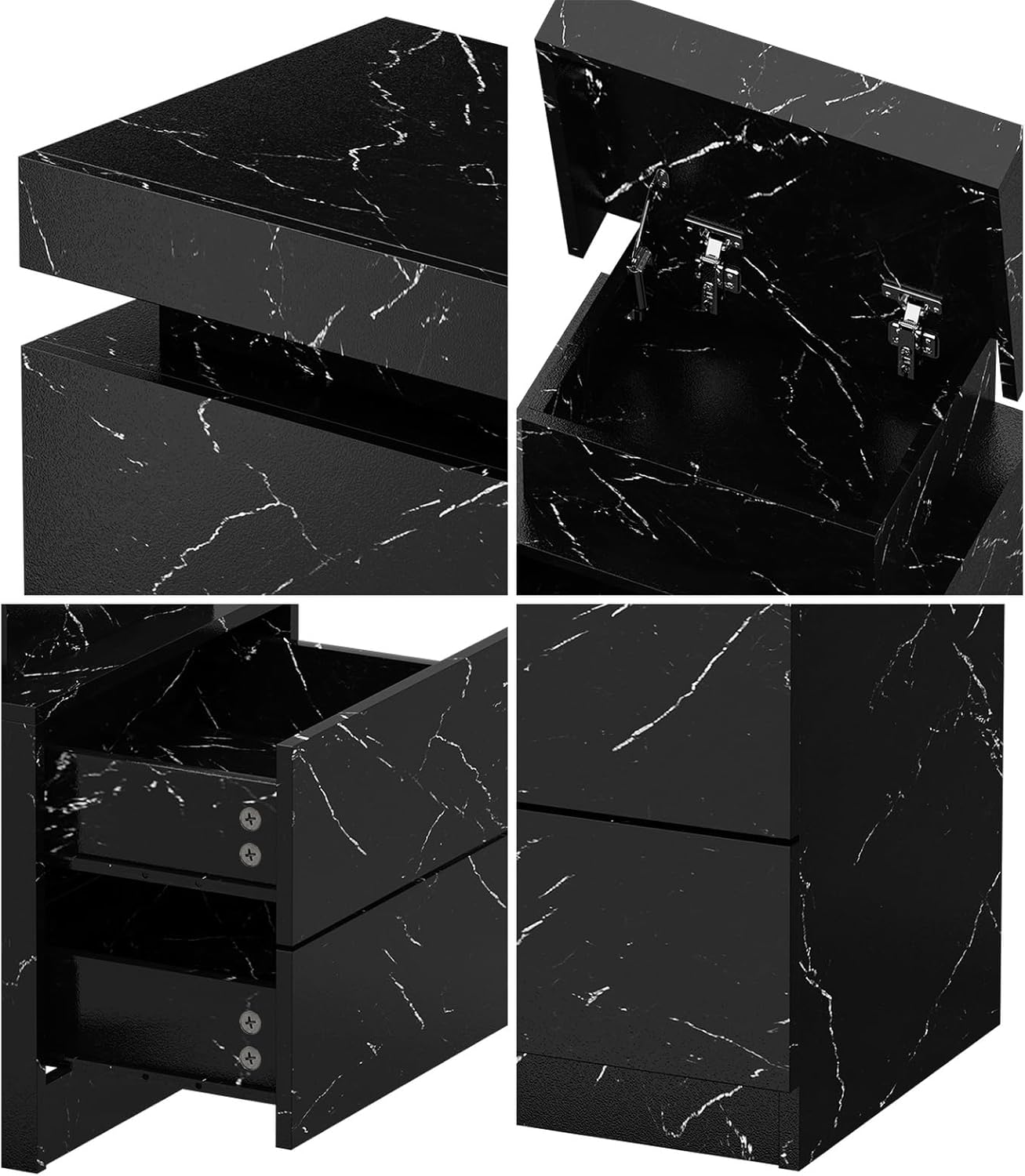 Oikiture LED Bedside Table with Marble Surface and Remote Control 2 Drawers Bed Side Table Black image number 5