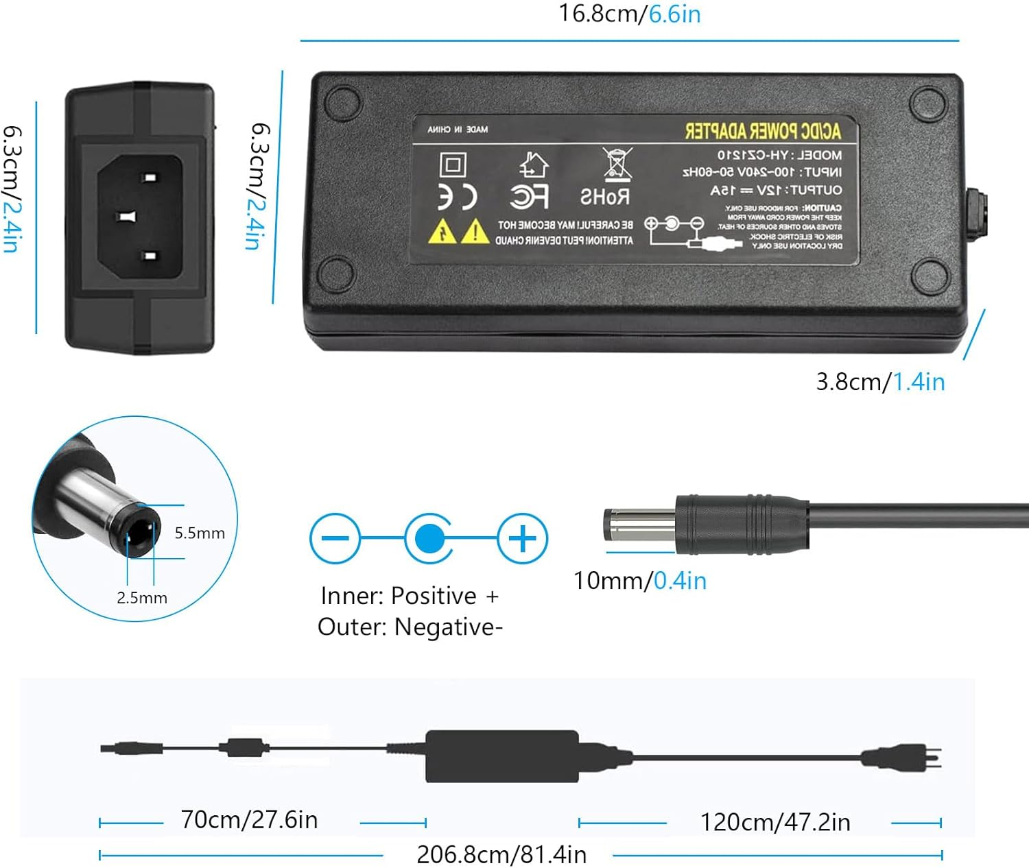 AC to DC Converter 180W 12V 15A Universal Power Supply Adapter, 15A/180W AC to DC Converter Transformer 12V with 5.5X2.5Mm DC Output for LED Strip, CCTV Cameras, Light, Low Voltage Devices image number 2