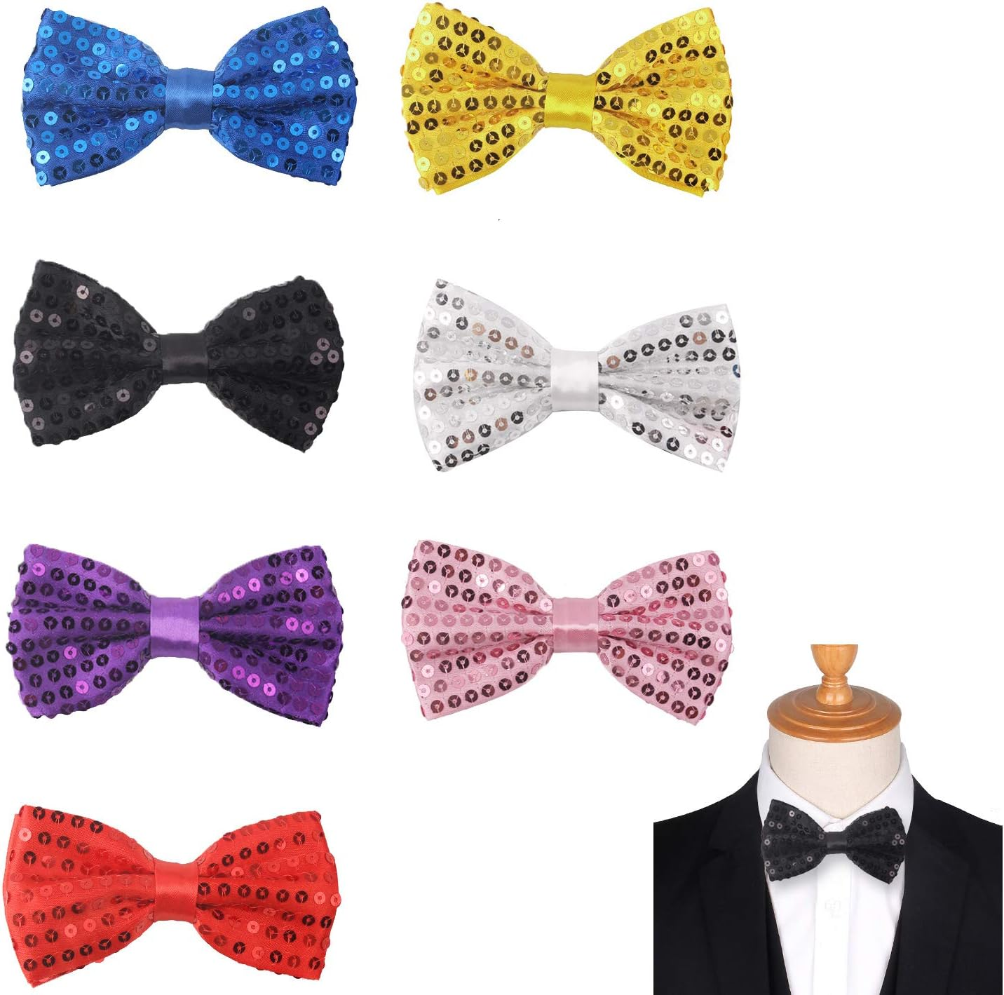 Sequins Adjustable Bow Tie, Bright Assorted Colors for Fancy Costume Party Accessory,Set of 7