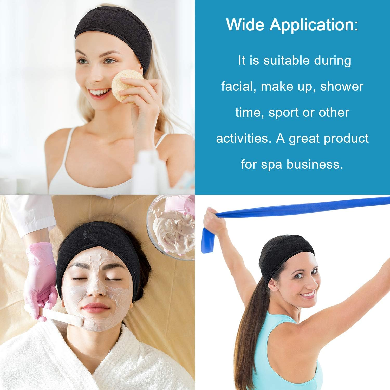 4 Pcs Facial Headband - Terry Cloth Head Wrap with Magic Tape, Stretchable Towel for Bath, Makeup and Sport image number 3