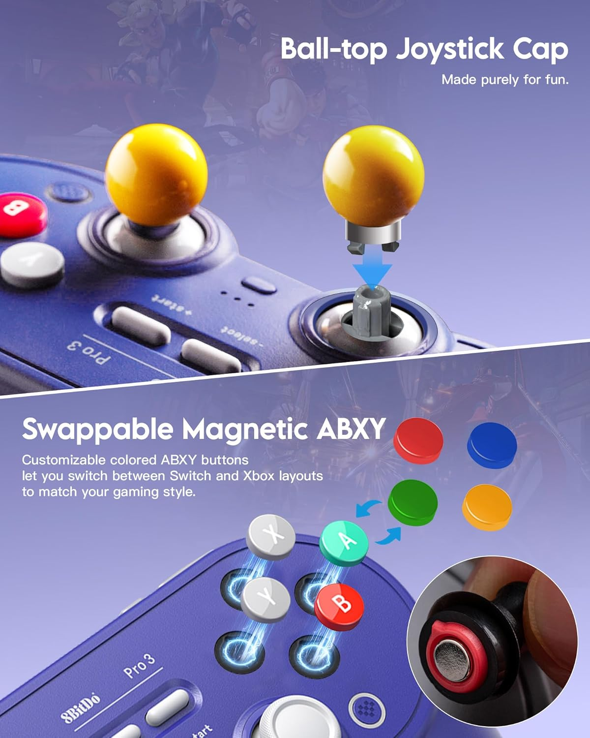 8Bitdo Pro 3 Bluetooth Controller for Switch/Switch 2 - TMR Joysticks, Swappable ABXY Buttons, Pro Back Buttons, Charging Dock, Hall Effect Triggers, Windows/Apple/Android（Purple） image number 1