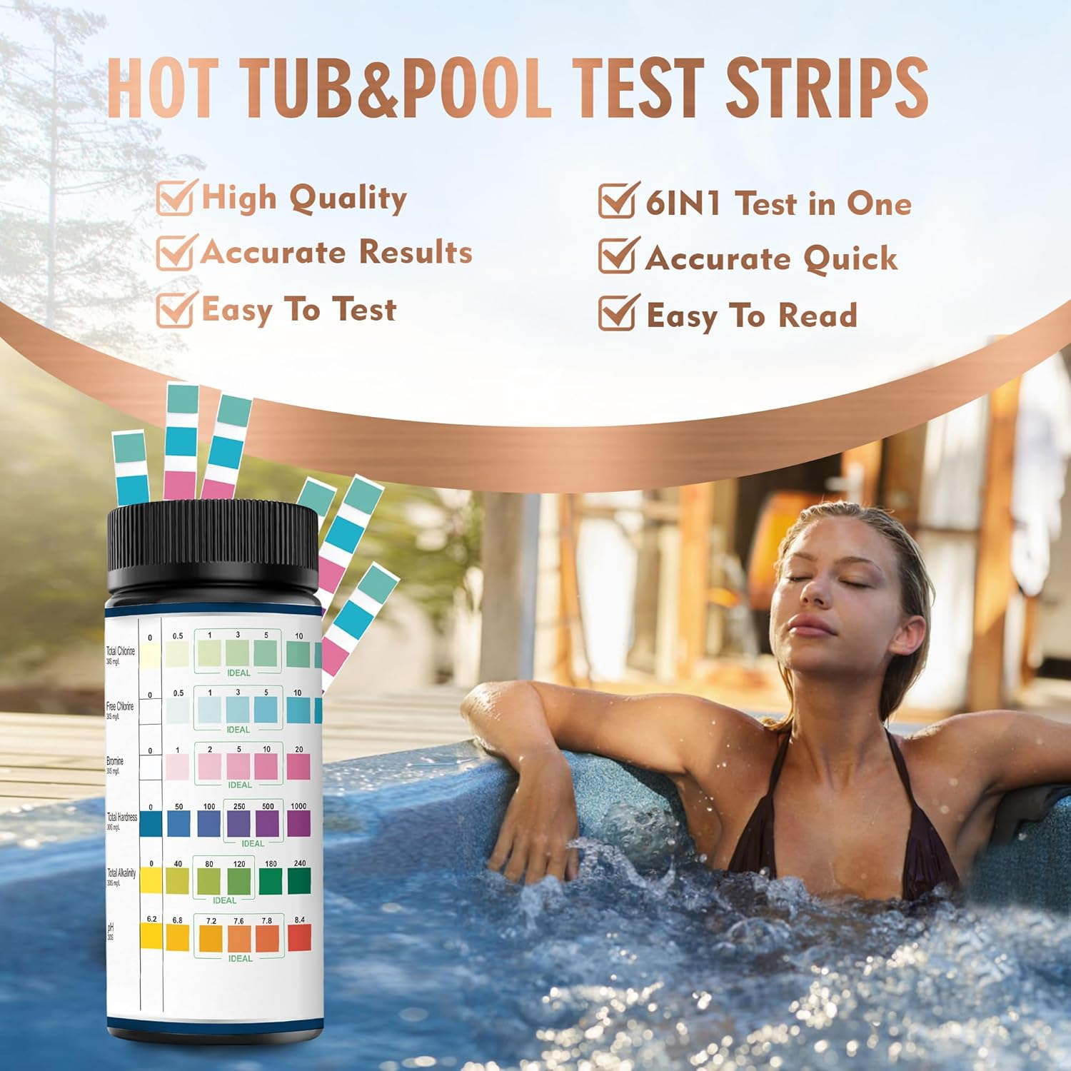 Pool and Spa Test Strips-Hot Tub Test Strips, Accurate Swimming Water Test for Ph, Total Hardness, Bromine, Free Chlorine, and Total Chlorine Test Strips, 6 in 1 Pool Test Strips, 100 Counts image number 4