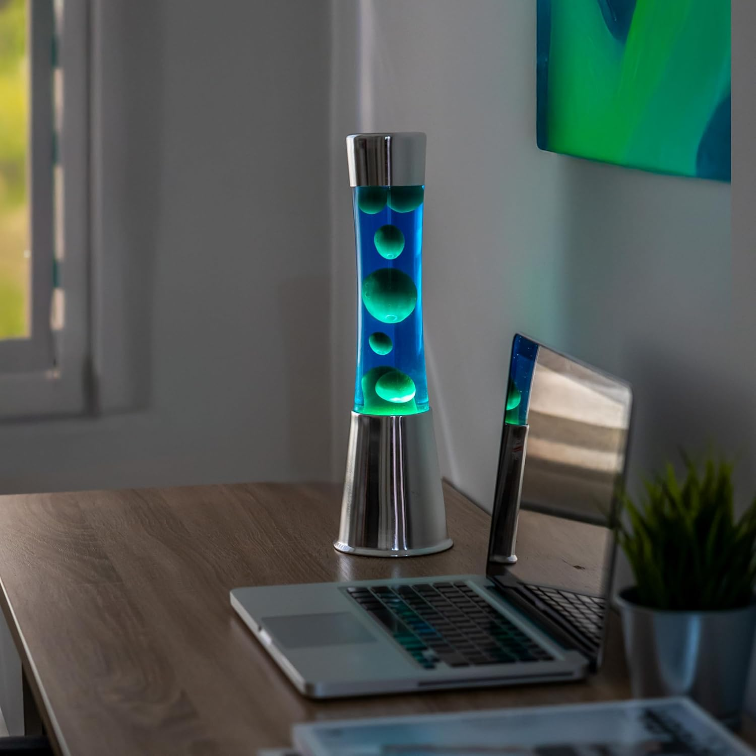 Fisura Lava Lamp with Chrome Base, Blue Liquid and Green Lava, Relaxing Effect, with Spare Bulb Included, Dimensions 11 Cm X 11 Cm X 39.5 Cm image number 4
