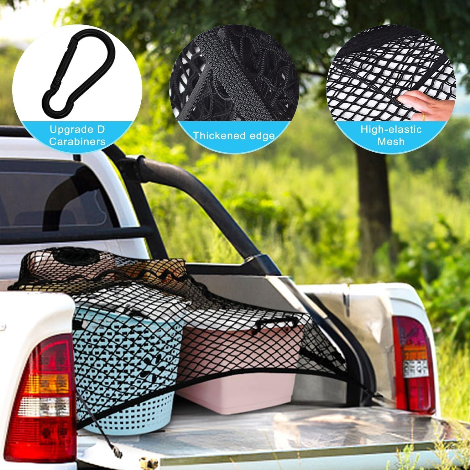 Truck Cargo Net, Heavy Duty Universal Elastic Truck Bed Cargo Net with 6 Metal Hooks, Adjustable Highly Elastic Storage Mesh Organizer for Car, Pickup Trailer, SUV, Boat, 4X4 FT Expands to 8X8 FT