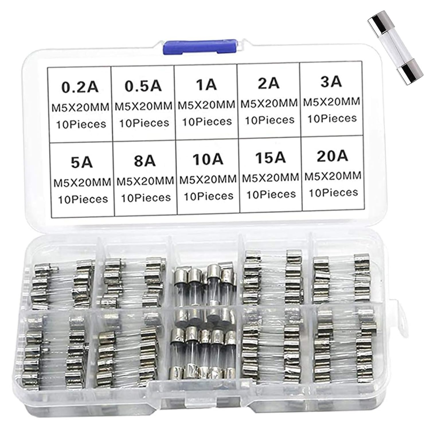 100Pcs 5X20Mm Fast-Blow Glass Fuses Quick Blow Car Glass Tube Fuses Assorted Kit Amp 0.2A 0.5A 1A 2A 3A 5A 8A 10A 15A 20A 250V with Storage Box image number 3