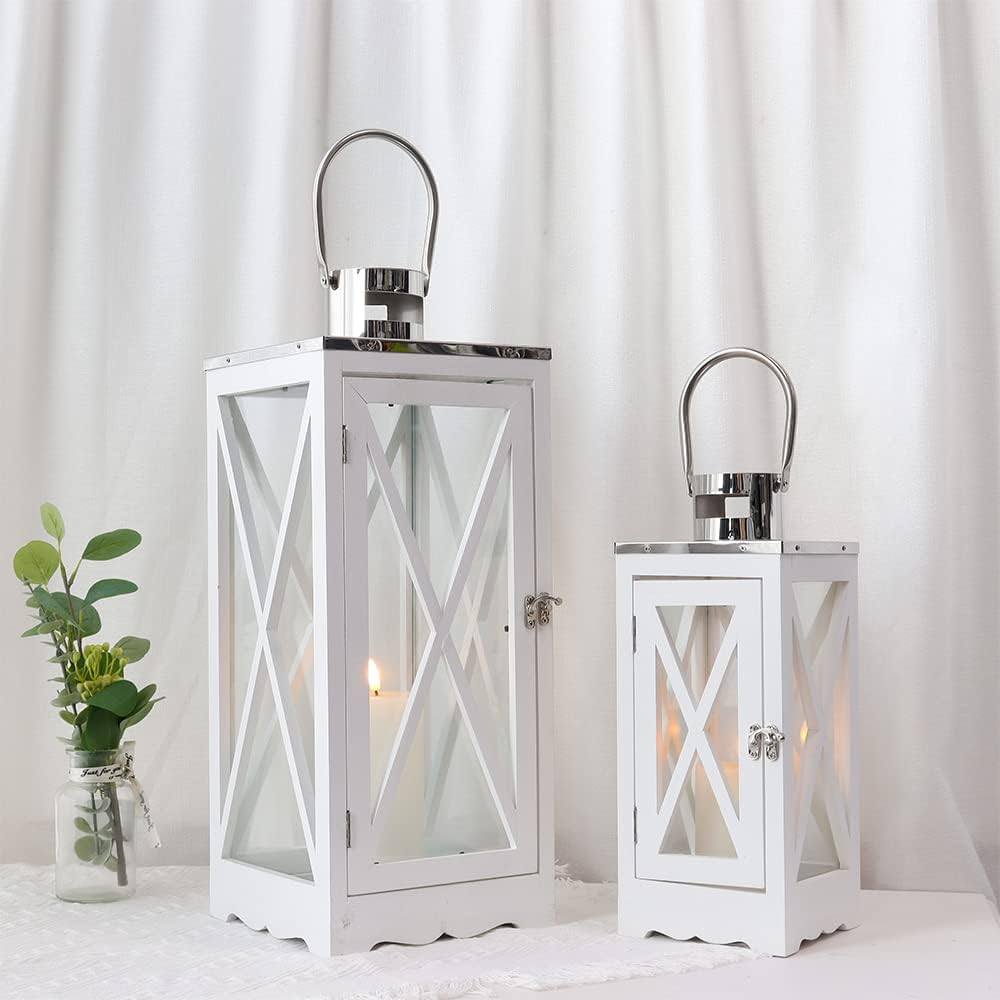 TRIROCKS Set of 2 Farmhouse Wooden Lantern 56&40 Cm Tall Metal Decorative Candle Holders with Tempered Glass Rustic Hanging Lantern for Patio Garden Wedding Parties Indoor Outdoor(White)