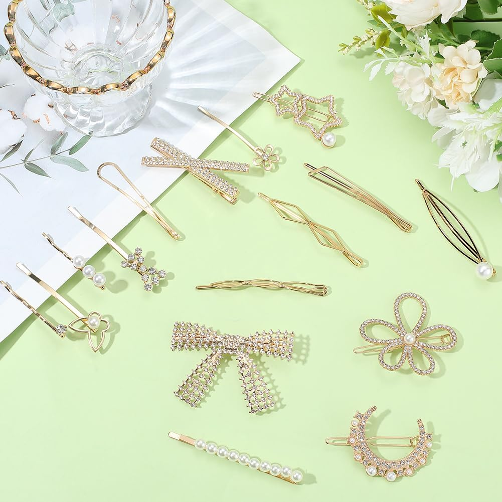 SOFPLATE Pack of 21 Pearl Hair Clips Bobby Pin Hair Clips Made of Metal Gold Butterfly Flowers Bow Leaf Alloy Elegant French Decorative Headpiece Accessories for Long Short Wedding image number 4