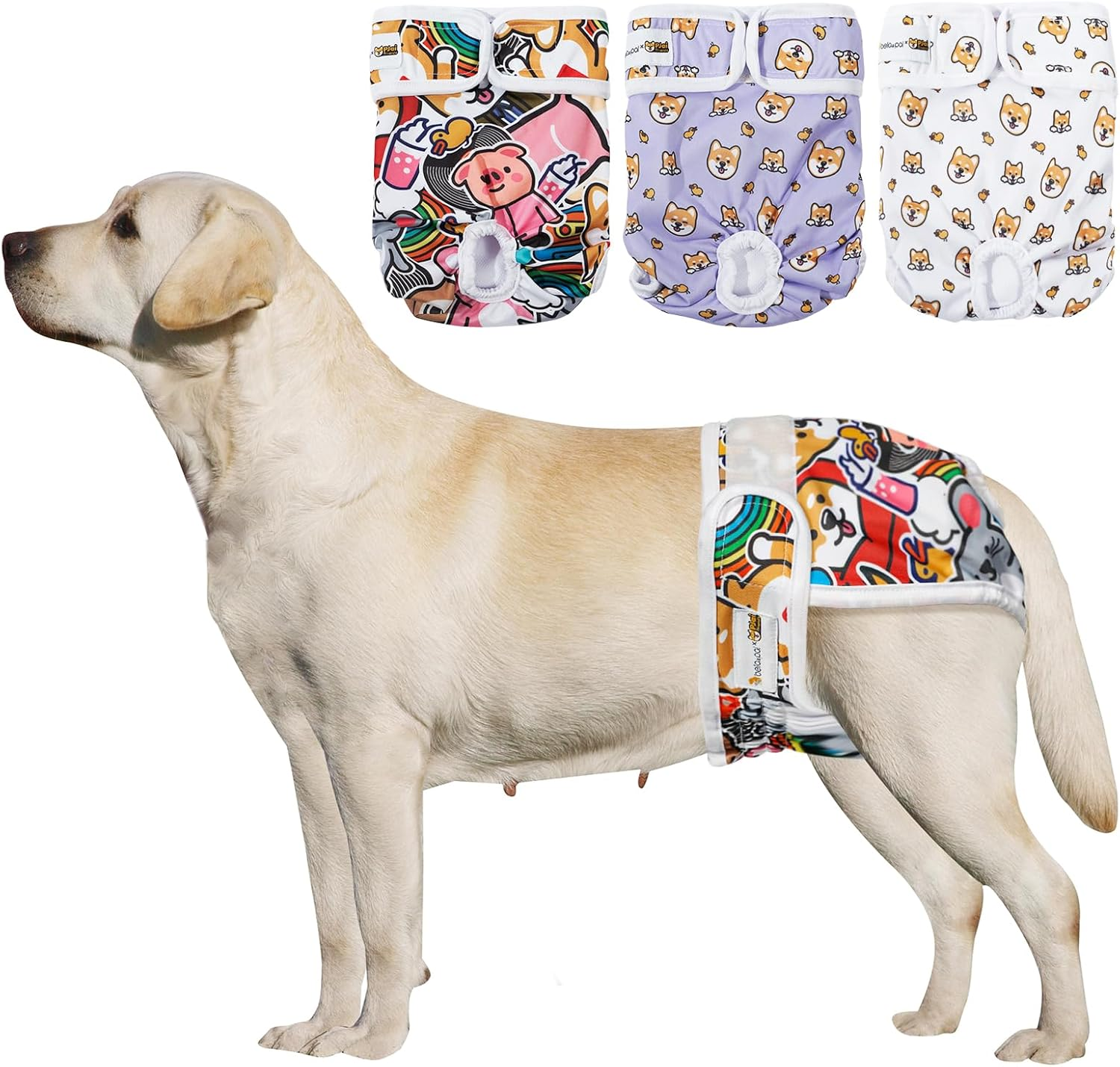 BELLA & PAL Washable Dog Diapers Female, 3 Pack Highly Absorbent Dog Diapers for Small Dogs, Leak-Proof Puppy Diapers for Female Dog in Heat, Period (XS (7-10" Waist), Pink& Purple& Green) - Xl (25- 33" Waist), Puffy Friends