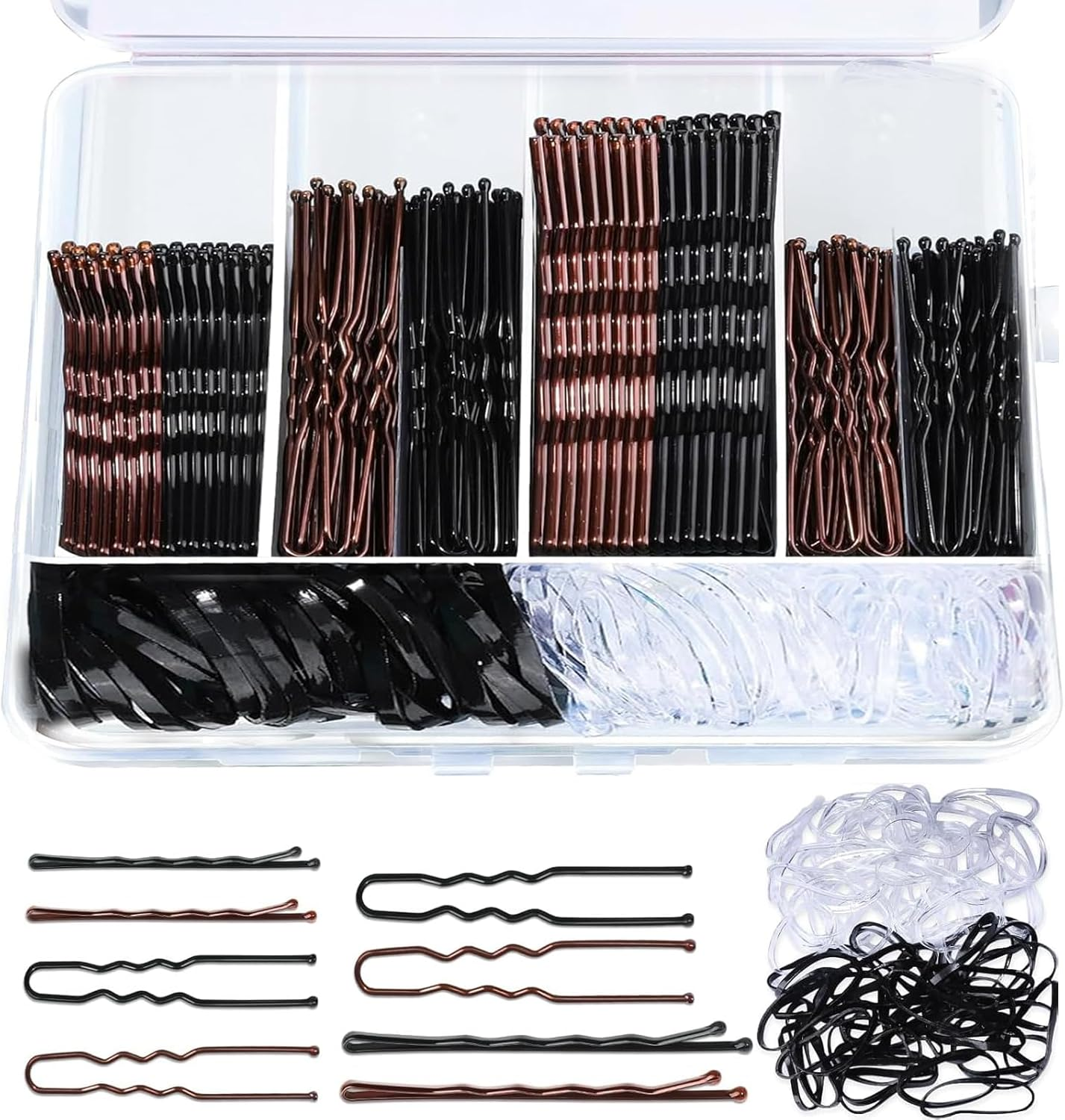300Pcs Bobby Pins Kit, 100 Hair Grips 100 Rubber Hair Bands for Women, U Shaped Hair Pins Black and Brown Bobby Pin Styling Accessories with Storage Box, 2Inch, 2.36Inch, 2.75Inch image number 5