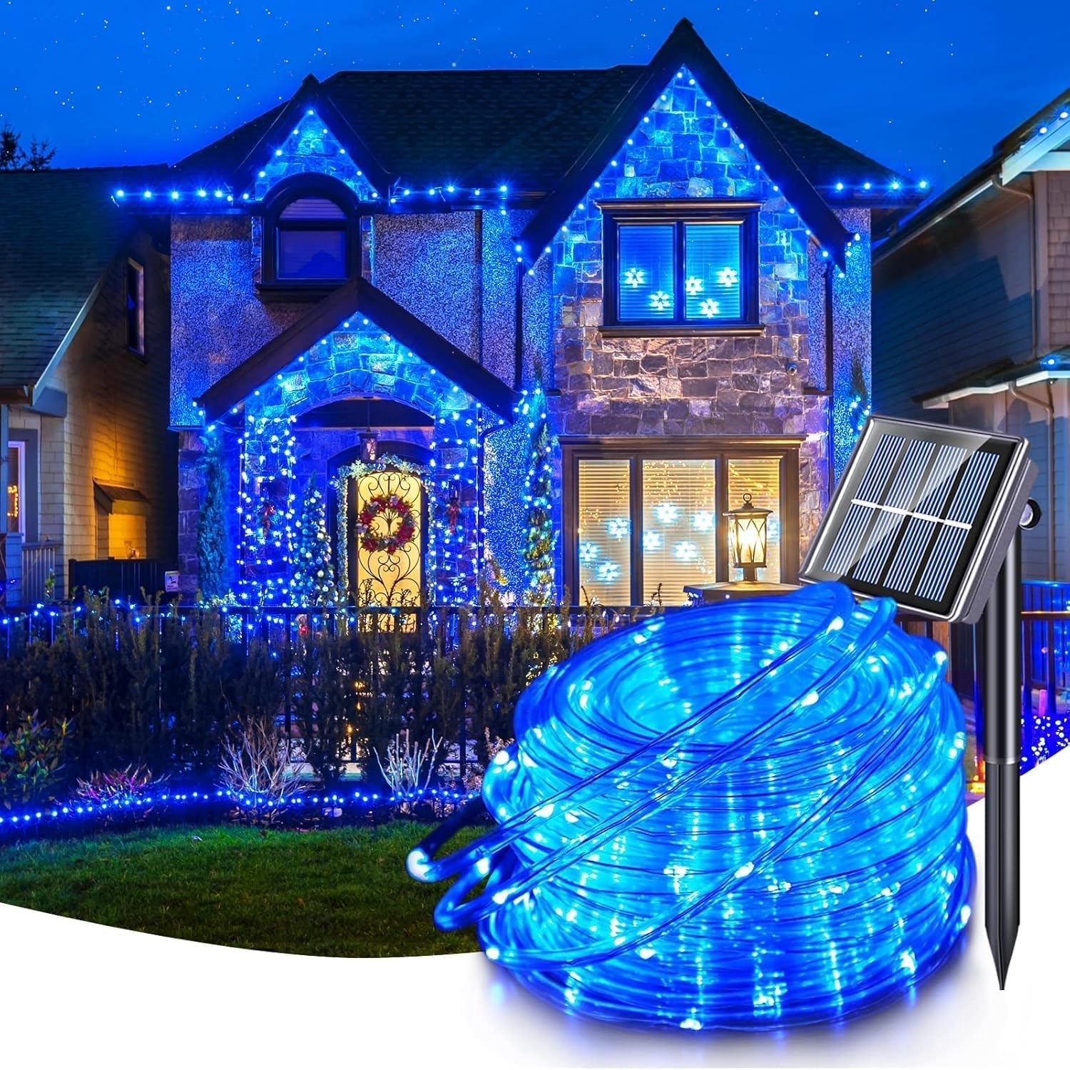 Kousee Outdoor Solar LED Rope Lights, IP65 Waterproof Rope Light 12M/39.4Ft 100Leds Solar Decoration Lights with 8 Lighting Modes, Rope Fairy Light for Garden Tree Party Christmas Decoration- Blue