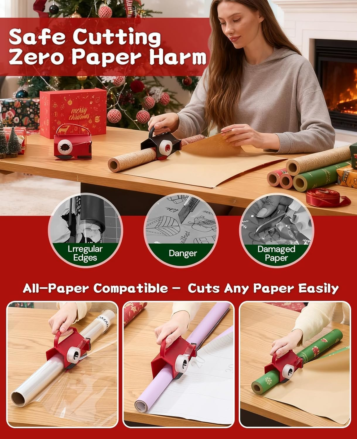 2-Pack Wrapping Paper Cutter & Tape Dispenser with 4 Tape Rolls, 2 Replacement Blades -Dual-Function Gift Wrap Tool for Christmas, Birthday, Holiday Crafting and Office Use image number 2