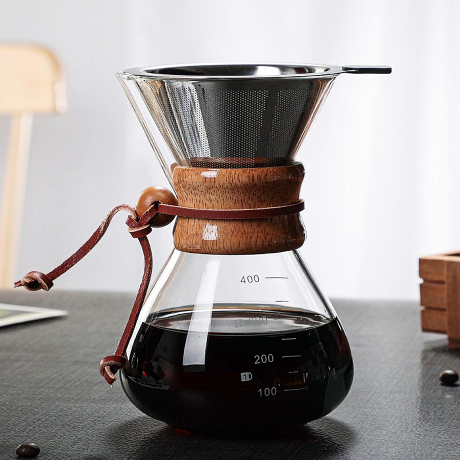 Coffee Brewer,Pour over Coffee Maker 400Ml Double Filter Wooden Sleeve Coffee Brewer Filter Suitable for Home Cafe Parties image number 2