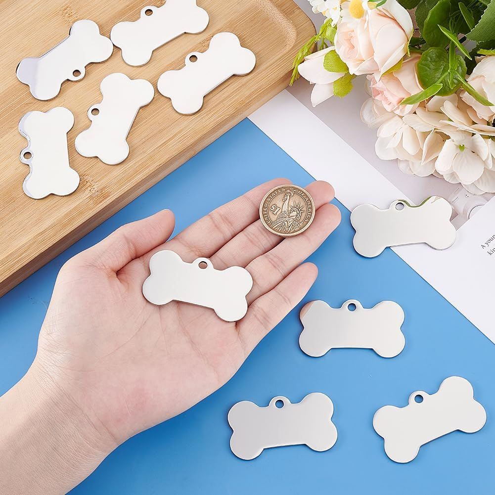 PH Pandahall 28Pcs 304 Stainless Steel Dog Tags Bone Shape Pet Nameplate Blanks Cute Dog Cat Tag Blanks Personalized Pet ID Tags for Laser Engraving DIY Crafts 1.9X1.1 Inch, Hole: 4Mm image number 3