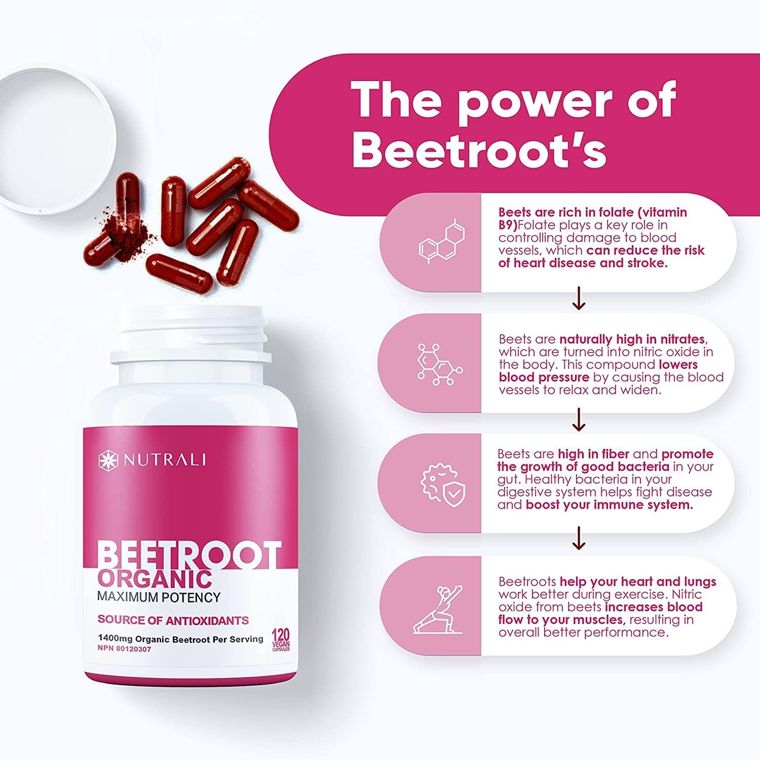 NEW Organic Beetroot Capsules 1400Mg per Serving HIGH POTENCY (700Mg per Capsule) 120 Vegan Capsules, Non-Gmo Raw Beet Root Powder, Beta Vulgaris Supplement, Powerful Nitric Oxide Boosting Beetroot image number 5