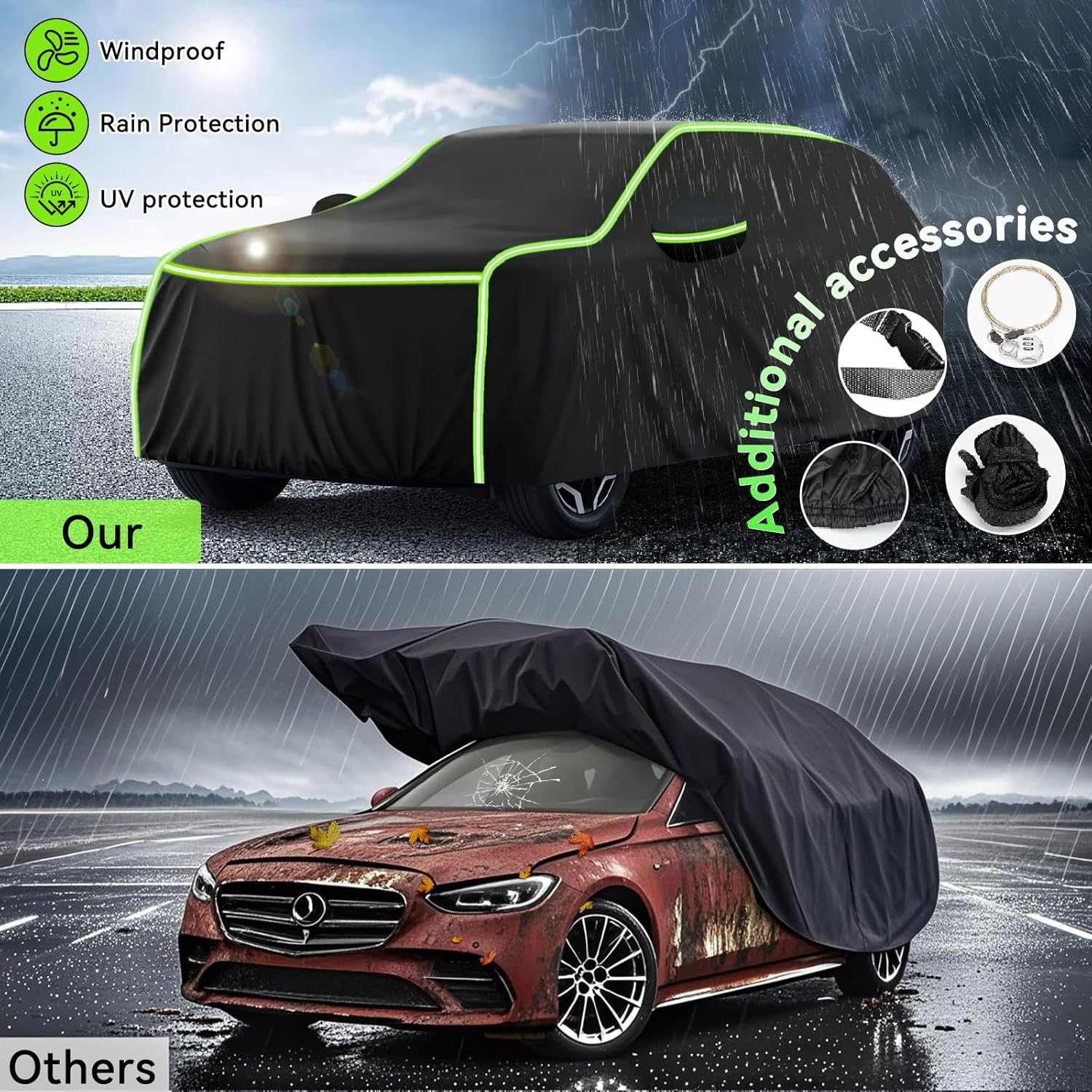 Velomira SUV Car Cover, Waterproof with Cotton Lining, Zippers & Reflective Strips Uv-Resistant, Snowproof, Scratch-Resistant, Outdoor Use Compatible with Models Measuring 520X200X180Cm (Black Green) image number 4