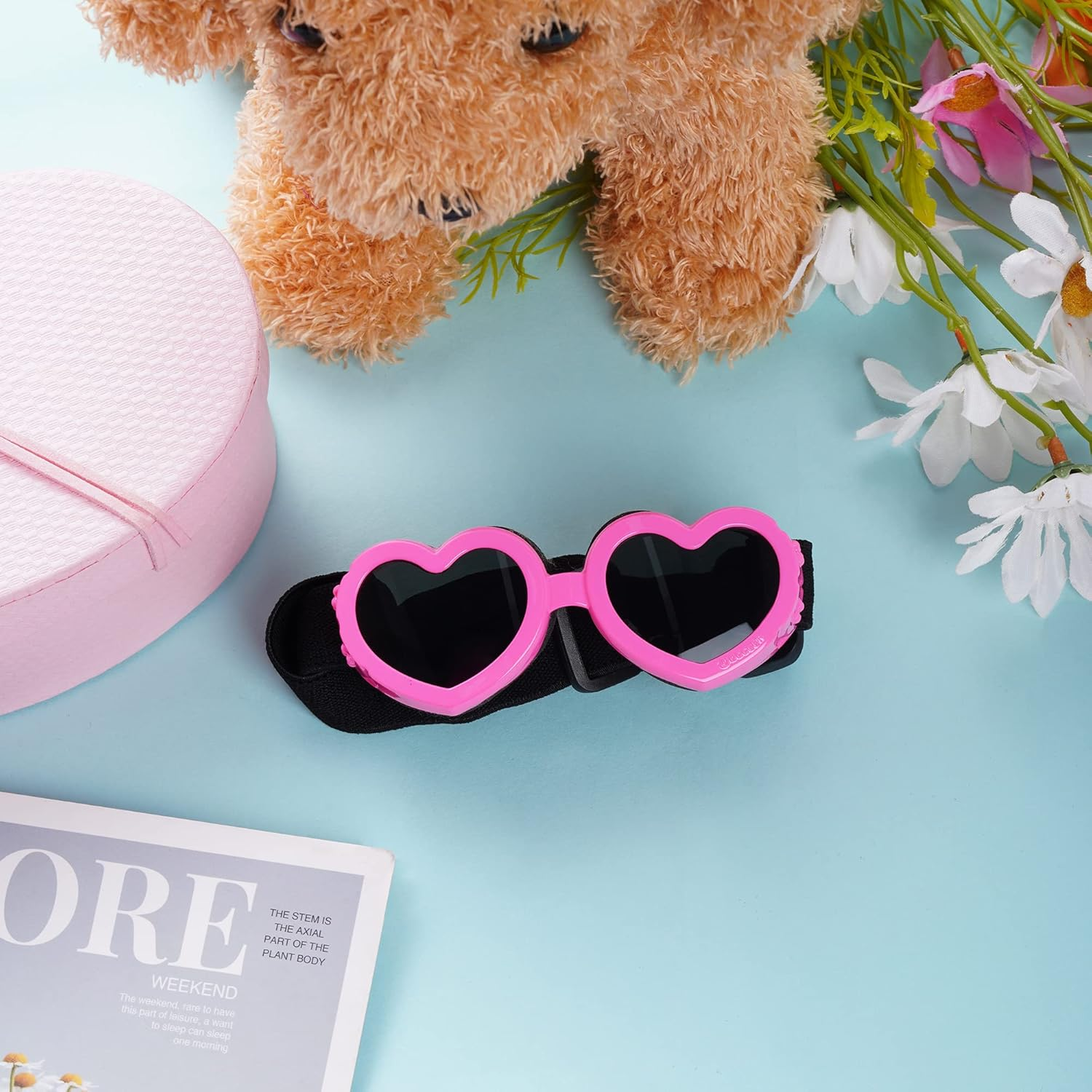 Choyaxo Pink Heart-Shaped Dog Sunglasses with UV Protection, Adjustable Strap & Windproof Design for Small Dogs