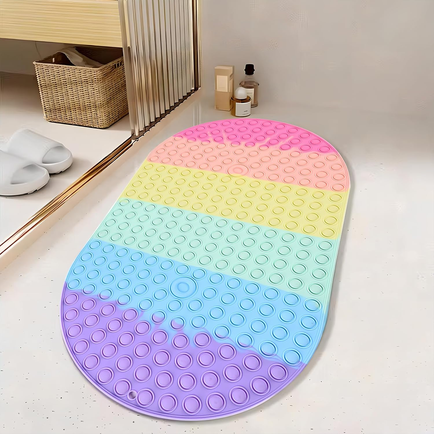 Non Slip Bath Mat for Tub,Oval Silicone Bath Mats for Boys & Girls,27 X 15 Inches Bathtub Mat with Push Pop Bubbles,Machine Washable Shower Mat for Bathroom/Wet Floor/All Ages,Colourful image number 5