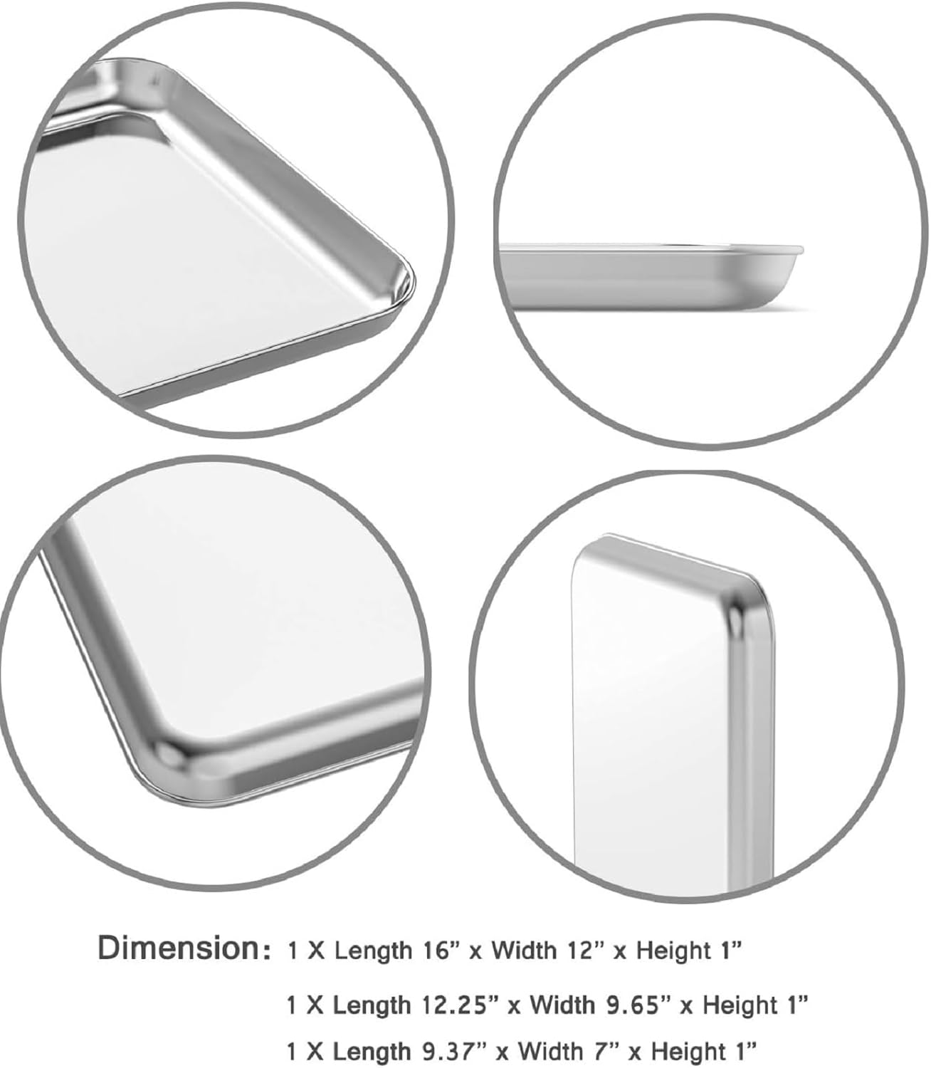 LH-3 Piece Baking Sheet Set, Stainless Steel Cookie Sheet Baking Sheet, 9/12/16 Inch, Non-Toxic & Heavy Duty & Easy to Clean 16 * 12 * 9 Silver image number 3