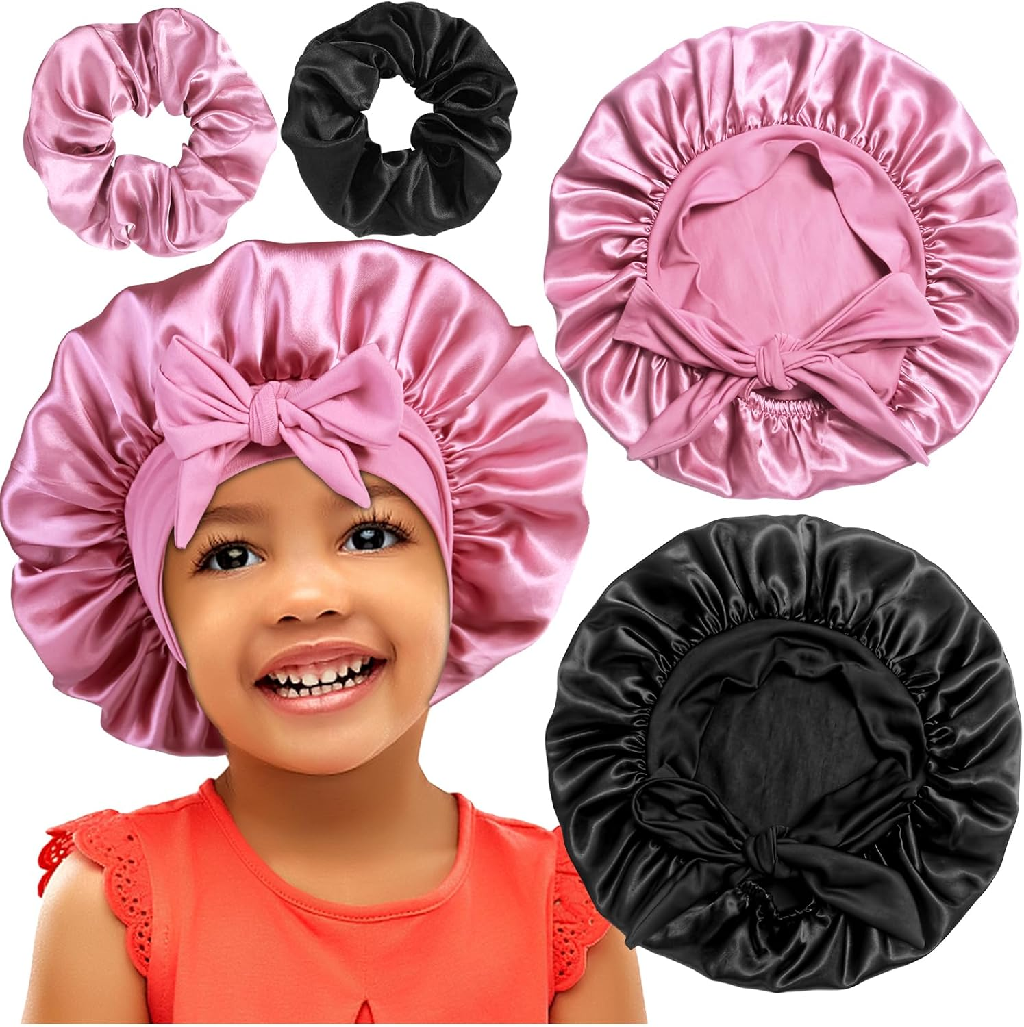 2+2 Satin Bonnets with Scrunchies for Kids, Cute Hair Bonnets for Girls Sleeping Curly Hair, E