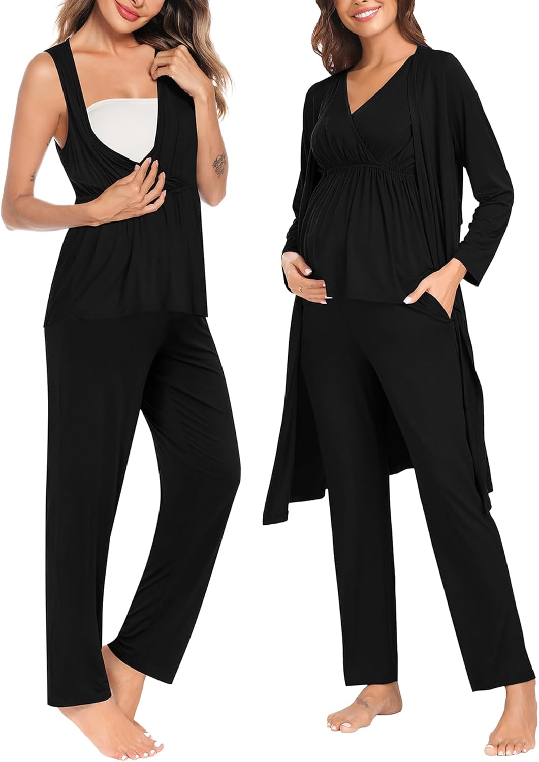 SWOMOG Maternity Nursing Robe Set 3 Piece Postpartum Breastfeeding Pajamas 3 in 1 Hospital Labor Delivery Pregnancy Pjs image number 2