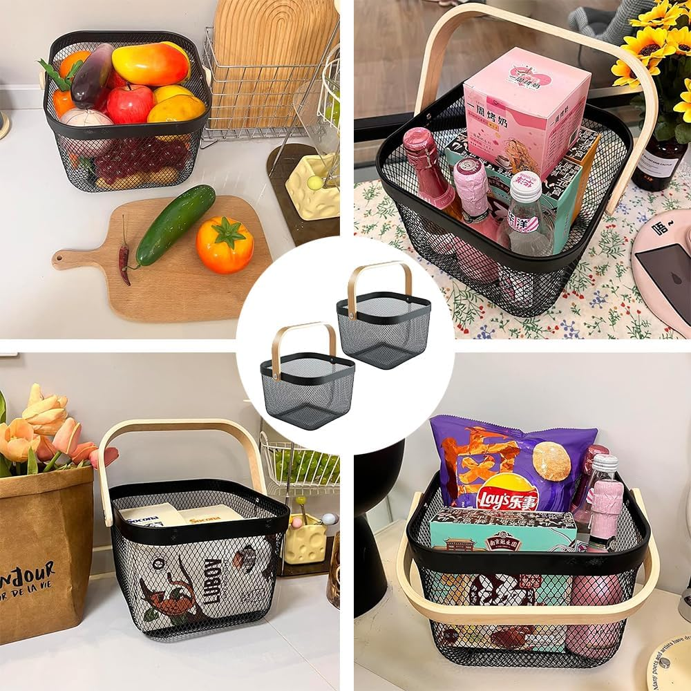 2 Pack Metal Mesh Steel Basket, Square Wire Basket with Handle Storage Organizer Basket, Garden Harvest Basket Fruit Basket for Kitchen Garden Picnic Collect Vegetables (Black) - Green image number 2