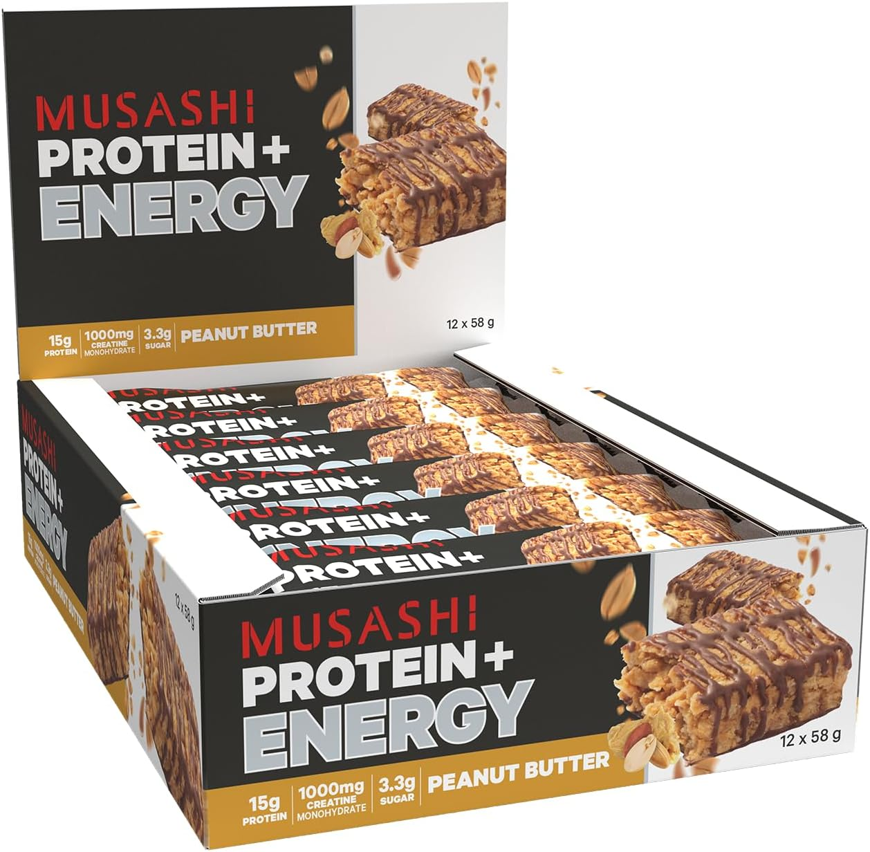 Musashi High Protein Bar, Peanut Butter Flavour, 90G &ndash; 12 Pack Muscle Recovery Snack with 45G Protein for Strength, Recovery & On-The-Go Fuel