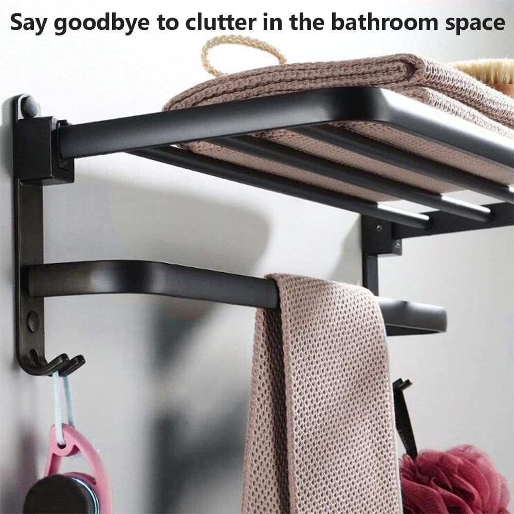 Double-Layer Bathroom Towel Rack, Foldable Washroom Shelf, Rustproof Shower Organizer, with Hooks, for Towels, Toiletries (Long 40 CM) image number 3
