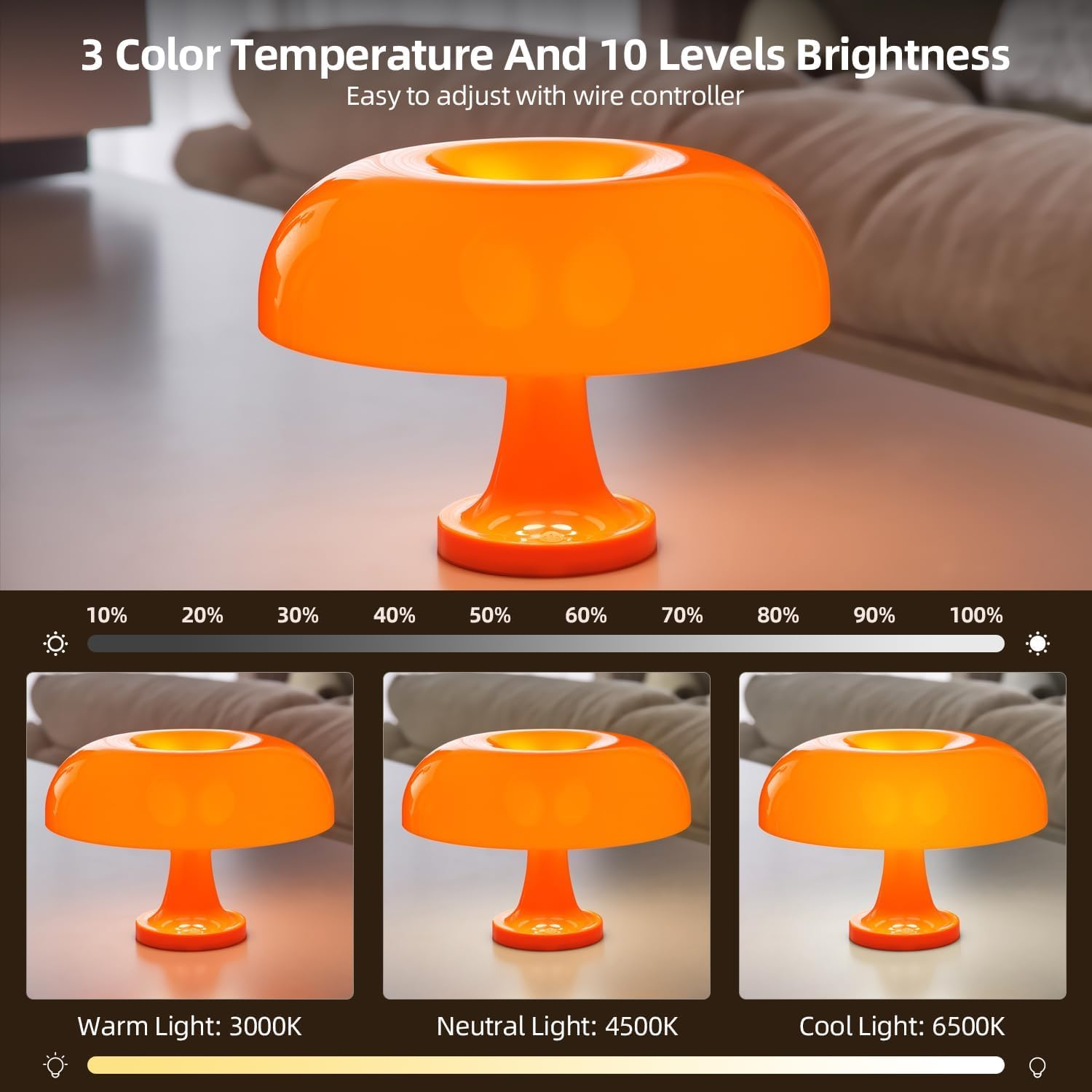 Orange Mushroom Lamp, Vintage Table Lamp, Mid Century Modern Retro Mushroom Style,Cordless Touch Lamps Bedside Charging Model,Dimmable for Bedrooms Living Room Home Decor(Touch Adjustable Version) image number 3