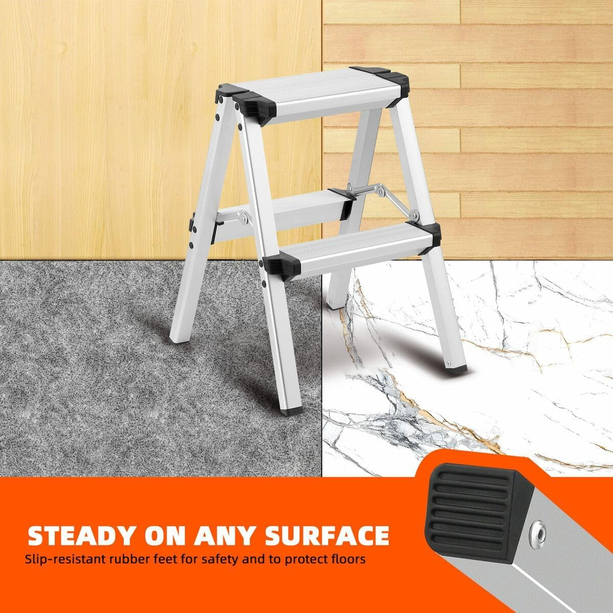 AUSWAY 2 Step Folding Ladder Aluminium Collapsible Stool Foldable Portable Stairs Lightweight Household Warehouse Stepladder image number 6
