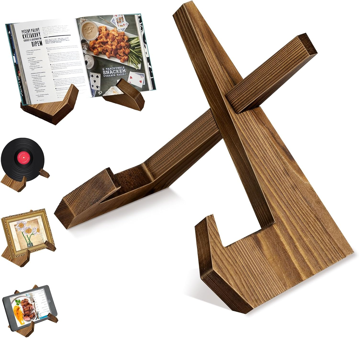 Cookbook Stand Wooden Cookbook Holder Solid Wood Recipe Book Holder Farmhouse Cook Book Stand Rustic Display Stand Kitchen Counter Decor for Cooking Reading Hands-Free Tablet image number 4