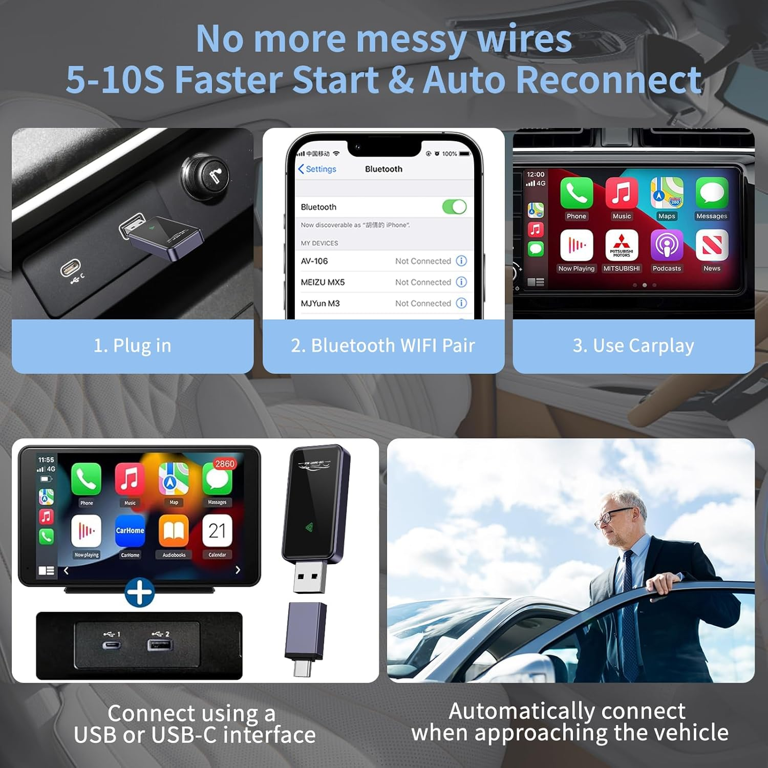 Kinsdan Wireless Carplay Adapter for Iphone Only, Convert Wired to Wireless Carplay, Plug & Play, No Latency, Fit for 2015+ Vehicles & Ios 10+ image number 4