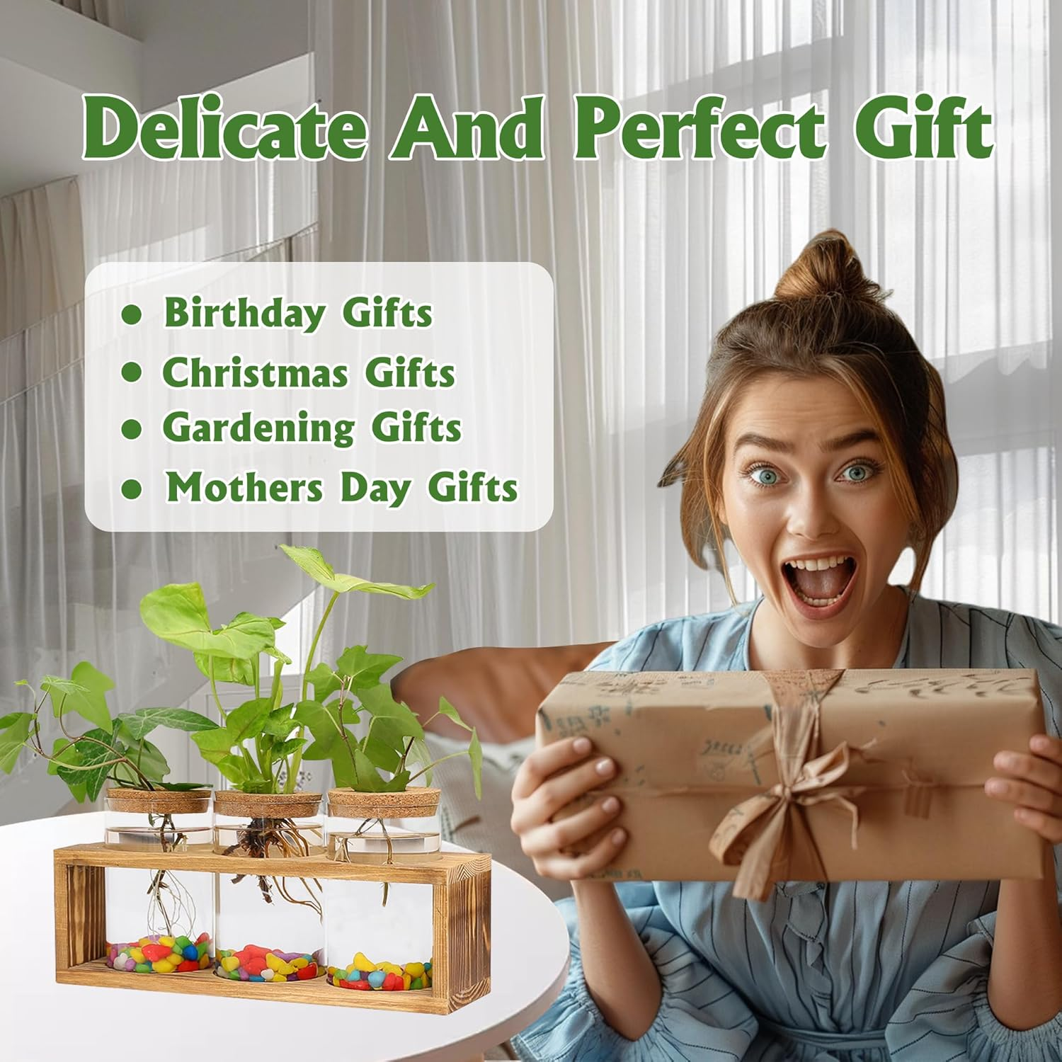 Clear Plant Propagation Station with Retro Wooden Stand, Glass Plant Terrarium Decor with 3 Vase, Desktop Plant Stand for Hydroponic Home Office Garden Decor, Plant Lover Gifts (3 Vase) image number 1