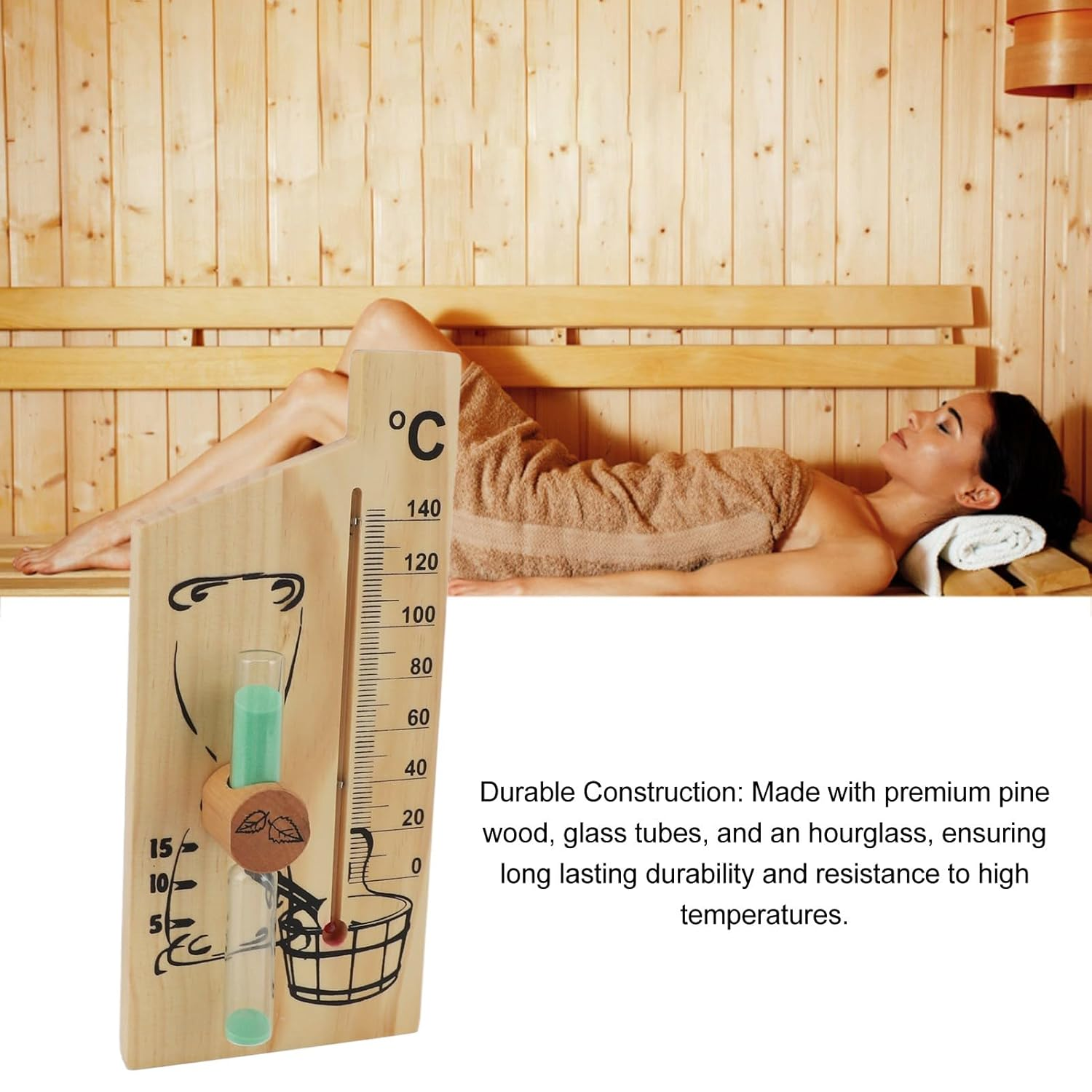 Sauna Thermometer Sand Timer, 2 in 1 15 Minute Hourglass Sand Timer 0 to 140℃ Sauna Thermometer Wall Mount Wooden Sauna Temperature Gauge Sauna Sand Timer for SPA Room image number 1