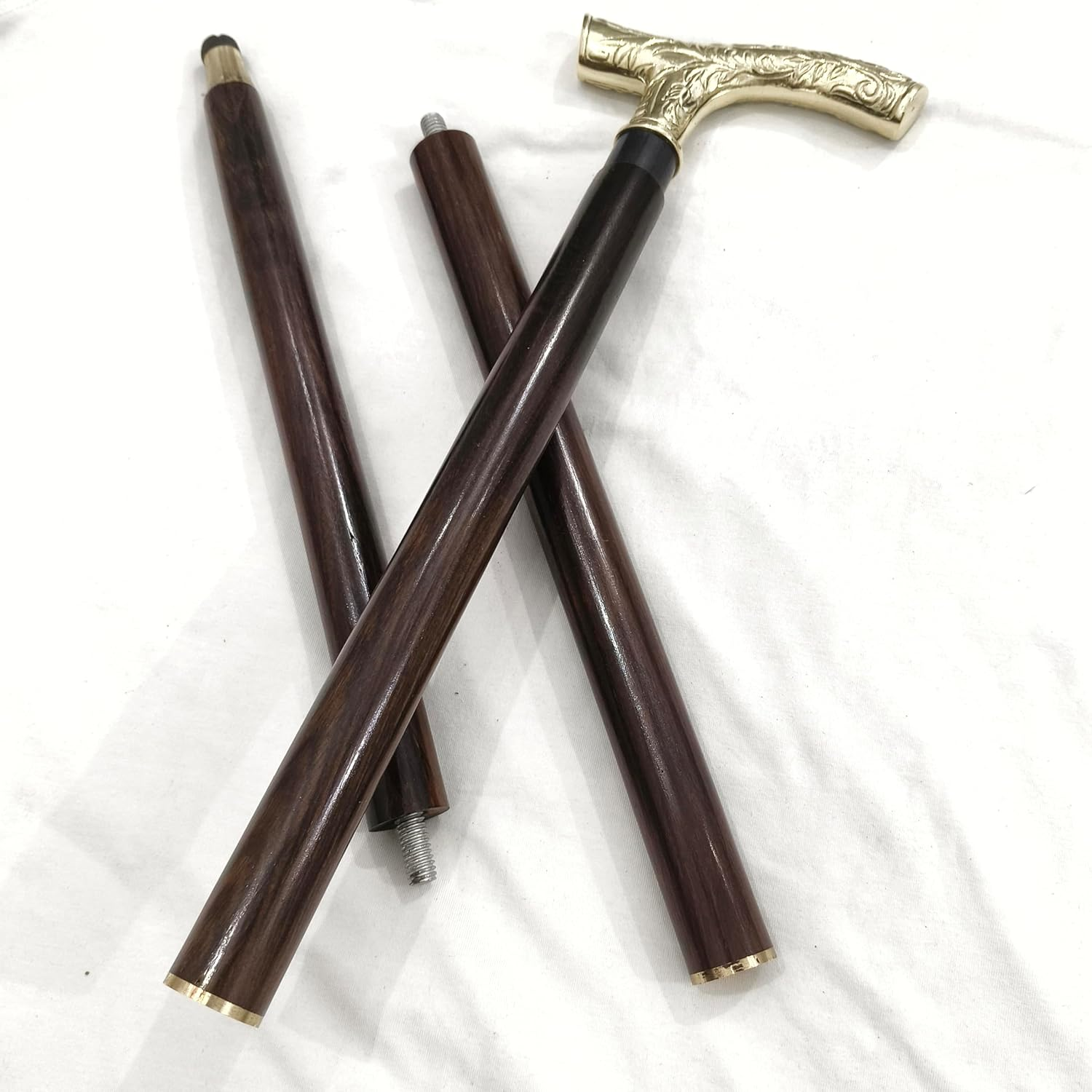 Vintage Walking Stick, 94 Cm Brown Wooden Cane, Decorative Brass T-Handle, 3-Piece Design image number 2