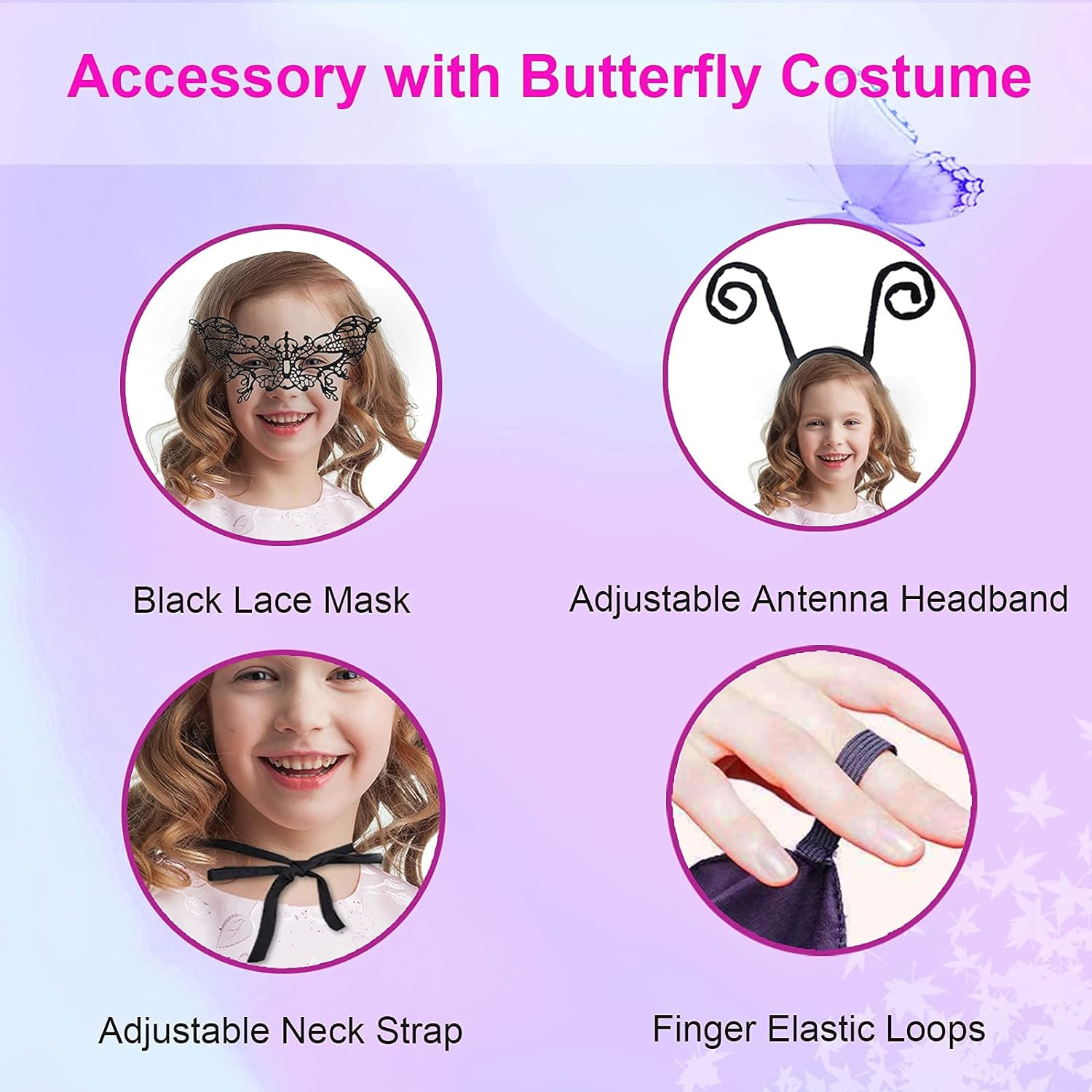 Butterfly Wings for Girls Butterfly Halloween Costume for Girls Butterfly Fairy Wings Shawl with Mask and Antenna Headband - Butterfly Purple image number 5