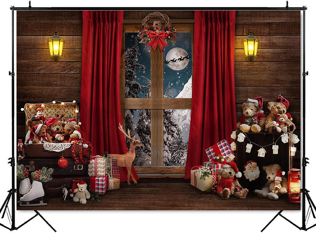 Mocsicka Christmas Window Backdrop Santa Gifts Bear Christmas Window Decorations for Baby Family Kids Indoor Xmas Tree New Year Holiday Photography Background (7X5Ft (82X60 Inch))