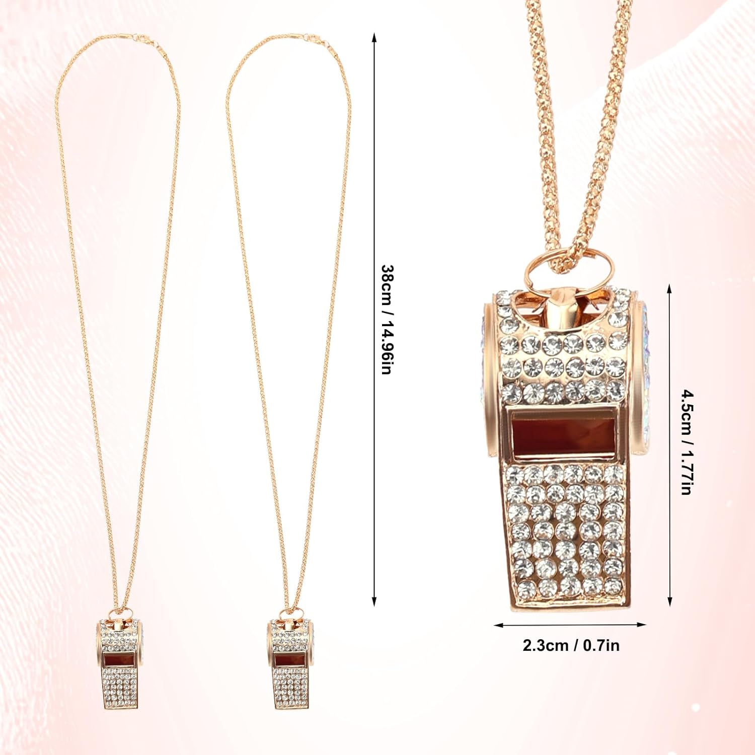 Tinoaly 2Pcs Bling Whistle Crystal Rhinestone Necklace, Metal Golden Bling Loud Crisp Sound Whistle with Chain Lanyard for Referee Coach Teacher Sports Training