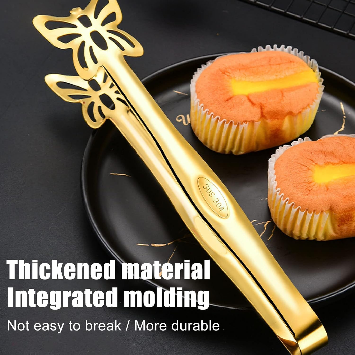 Tongs for Cooking, Food Grade Stainless Steel Kitchen Tongs 2 Styles Thickened Hollow Buffet Tongs Heavy Duty Food Tongs Multipurpose Serving Utensils Tongs for BBQ Party Grilling (Butterfly Tongs Gold) image number 4