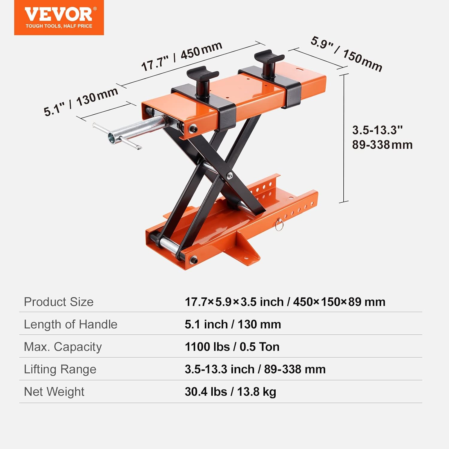 VEVOR Motorcycle Lift, 1100 Lbs/0.5 Ton Capacity, Steel Scissor Lift Jack with Non-Slip Saddles & Safety Pin, Folds for Storage, for Street, Cruiser & Touring Motorcycles image number 2