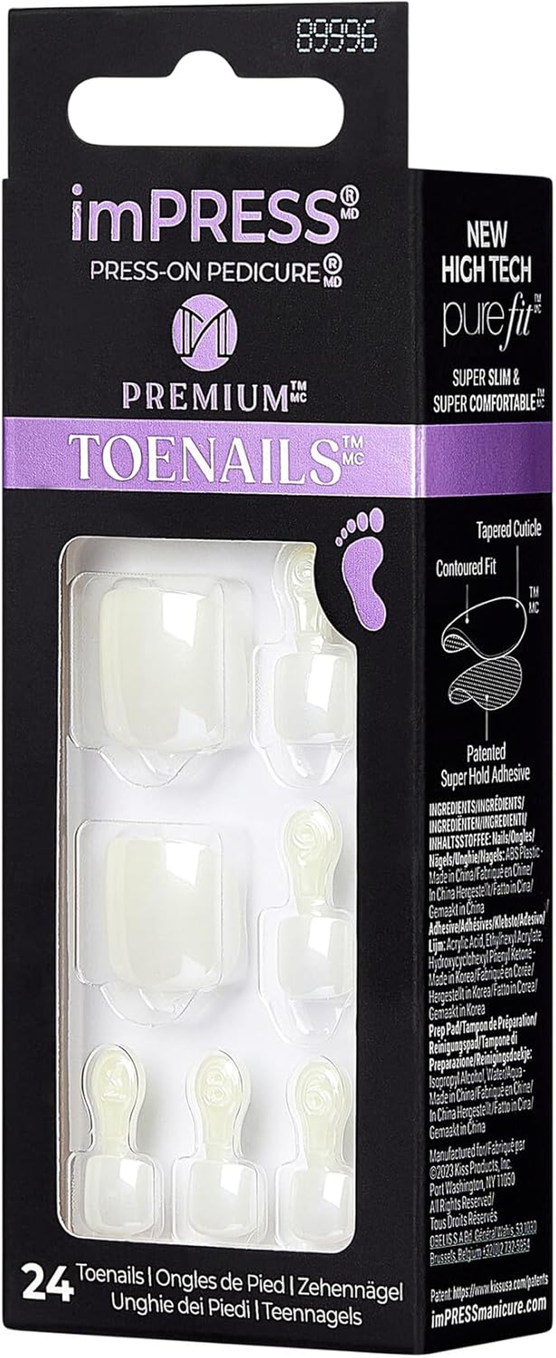 Impress Kiss No Glue Pedi Press-On Toenails, White Nails with Pearl, Squoval Shape, Includes 24 Nails, Prep Pad, 1 Manicure Stick, 1 Mini File image number 2