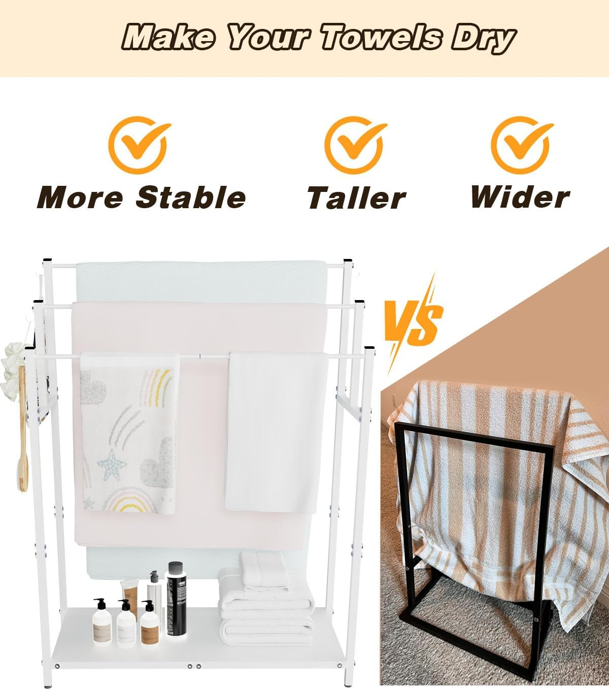 Mondazie 44&rdquo; Tall Free Standing Towel Racks with 6 Hooks for Bathroom, 3 Tiers Oversized Pool Bath Towels Drying Stand, Metal Blanket Ladder Holder with Storage Shelf for Bedroom Living Room, White