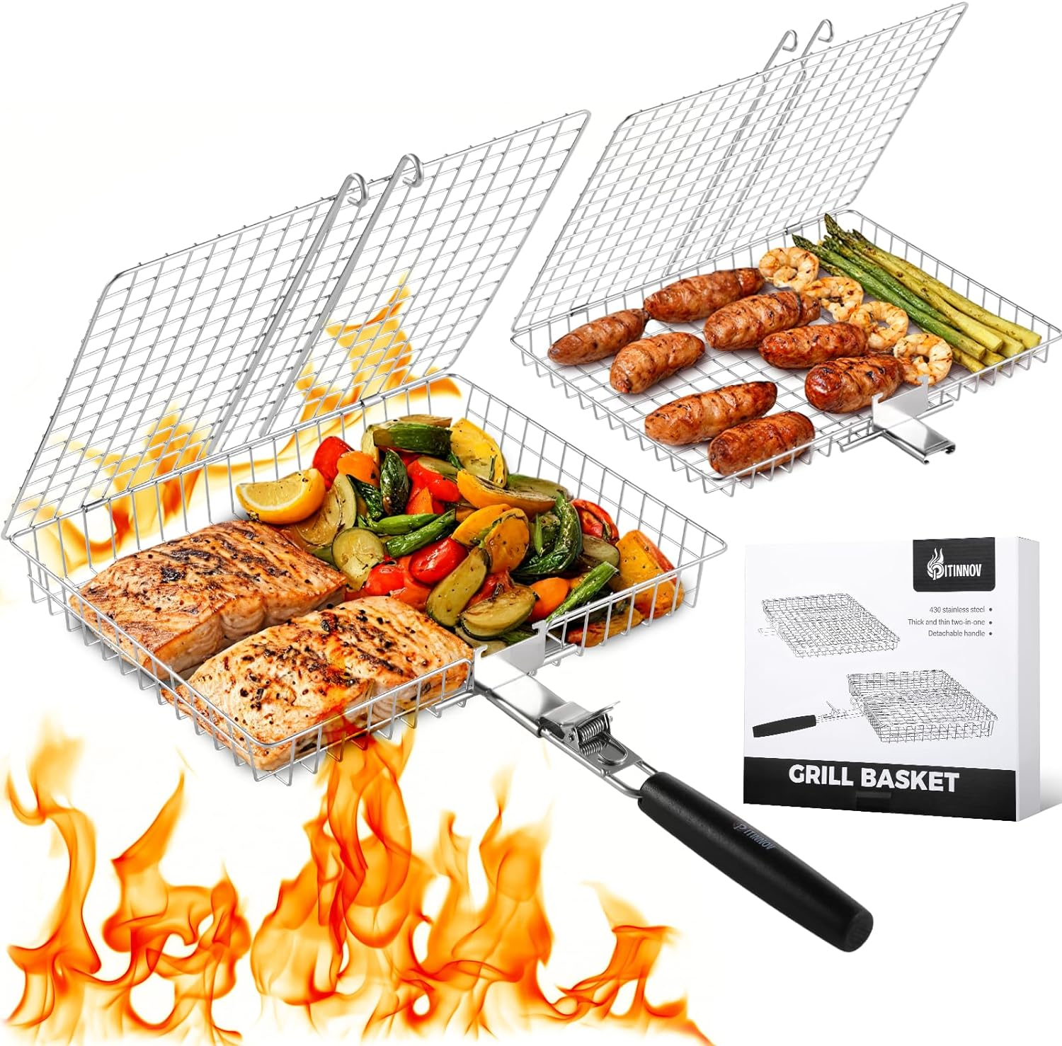 Grill Basket Set, 2Pcs BBQ Grilling Baskets for Outdoor Grill with Removable Handle, Stainless Steel Camping Cooking Grill Accessories for Chicken, Fish, Vegetable, Steak Etc image number 5