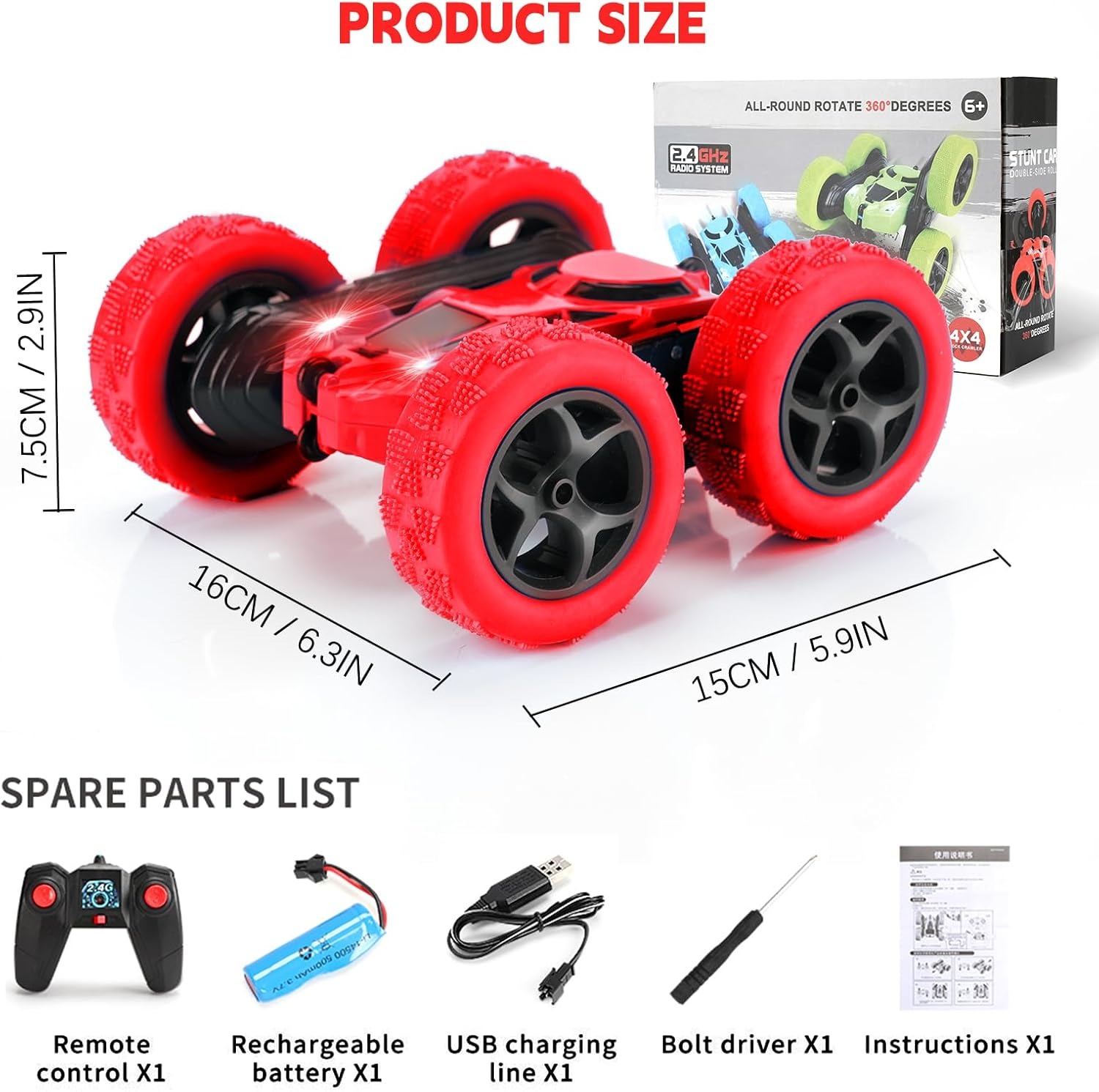 Remote Control Car for Kids Ages 6+, RC Cars Stunt Car Toy 4WD Double Sided 360&deg; Rotating， 2.4Ghz Remote Control with Headlights, Drift RC Race Car Birthday Gifts for Boys 6 7 8 9 10 11 12 (Red) image number 6