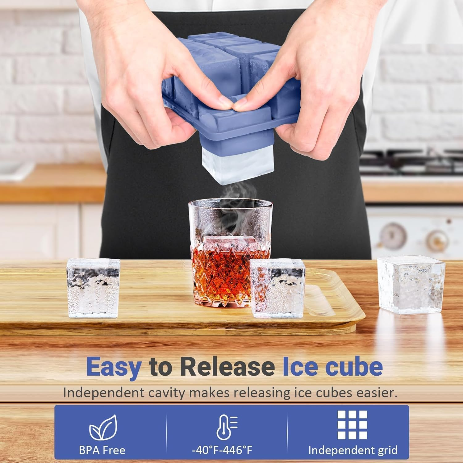 Large Ice Cube Trays, Big Silicone Ice Cube Trays 2Inch - Huge Square Ice Cubed Tray for Drink，2Pcs (Blue) image number 3