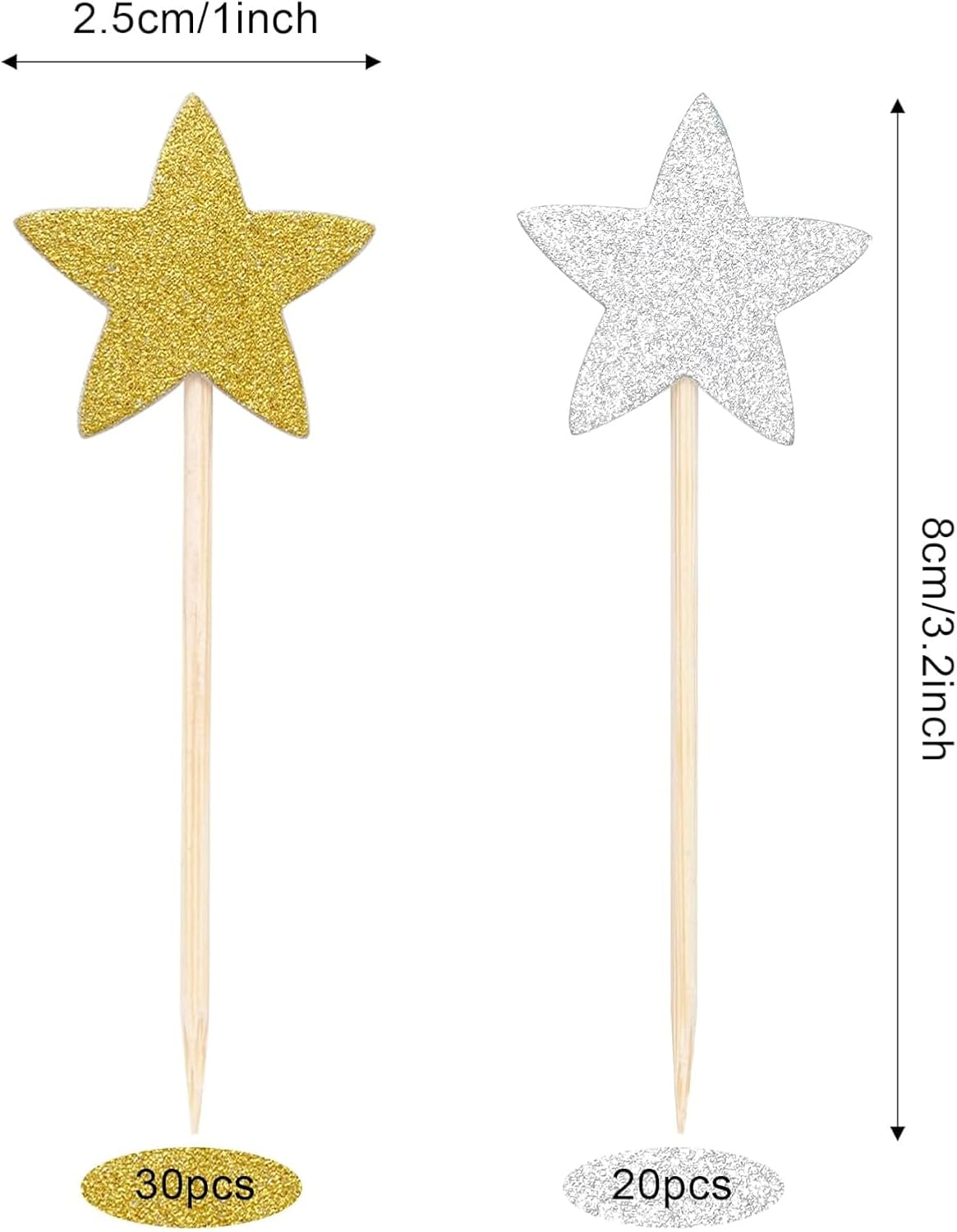 50 Pcs Star Cupcake Toppers Assembly Sparkling Star Cupcake Picks for Wedding Baby Shower Birthday Party Cake Decorations Supplies(Gold,Silver) image number 1