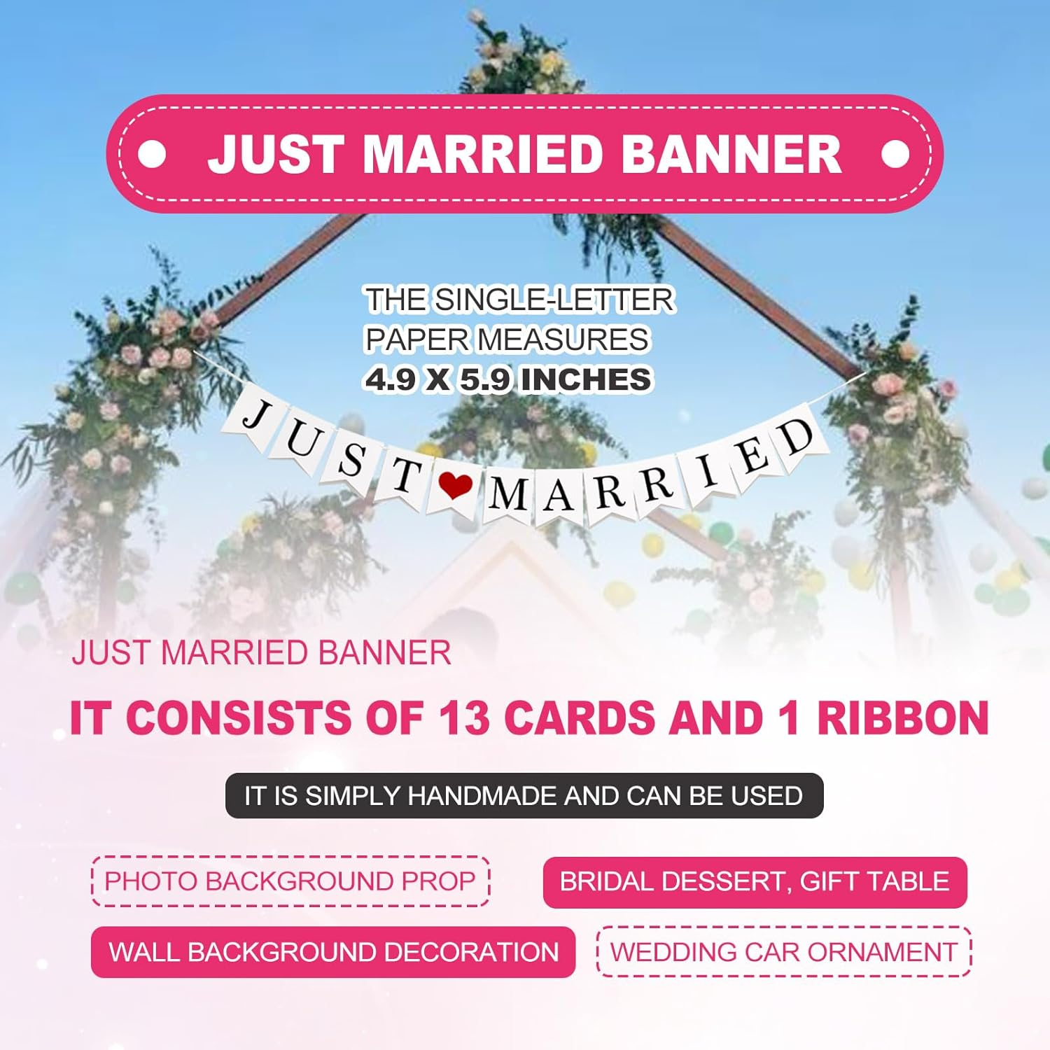 4 Pcs Just Married Wedding Car Decorations - Include Just Married Ornate Car Magnets 12X7, Just Married Car Wedding Day Car Window Decals 22.4X5, Just Married Sign Banner Car for Honeymoon Wedding image number 3