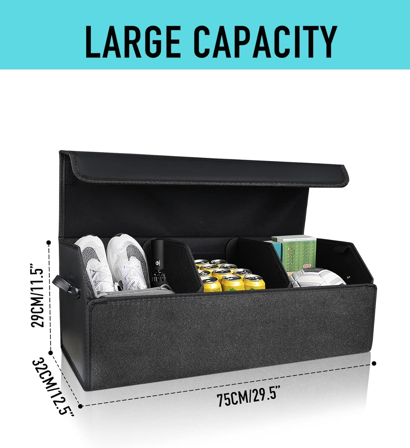 Car Organizers and Storage - Trunk Organizer for Suv Sedan,Car Leather Box,Extra Large,Magnetic Lid,Collapsible Adjustable Black - Black image number 4