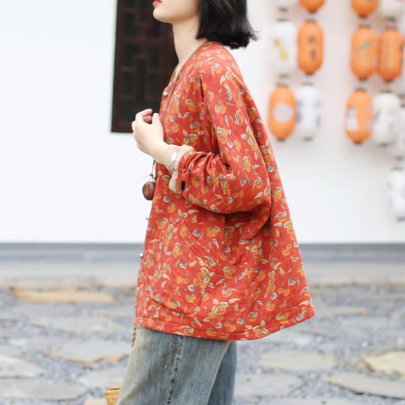 Women'S Vintage Batwing Sleeve Frog Button Jacket Loose round Neck Cotton Linen Ethnic Style Top Orange image number 3