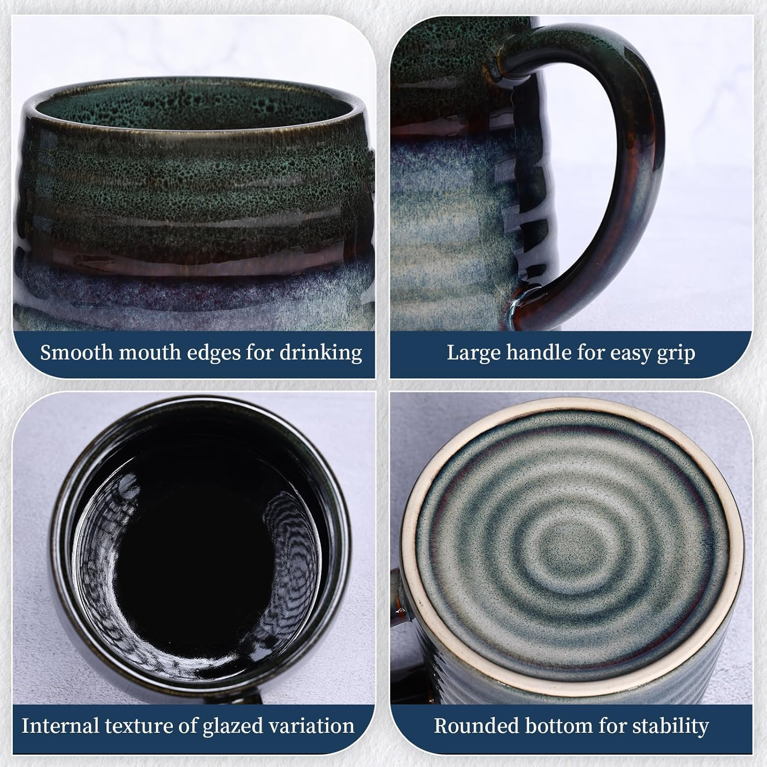 700Ml Extra Large Ceramic Coffee Mug with Big Handle, 25 Oz Handmade Glazed Oversized Tea Cup for Office and Home, Microwave, Dishwasher and Freezers Safe, Hot and Cold Drinking (Ink Green)