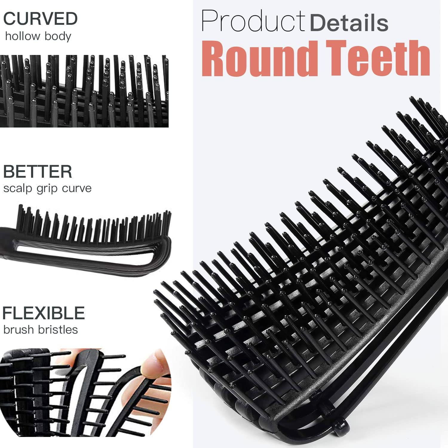 5 Pcs Detangling Brush Set Cushion Nylon Bristle Shampoo Brush Dual Edge Teasing Comb (Black-1) image number 2